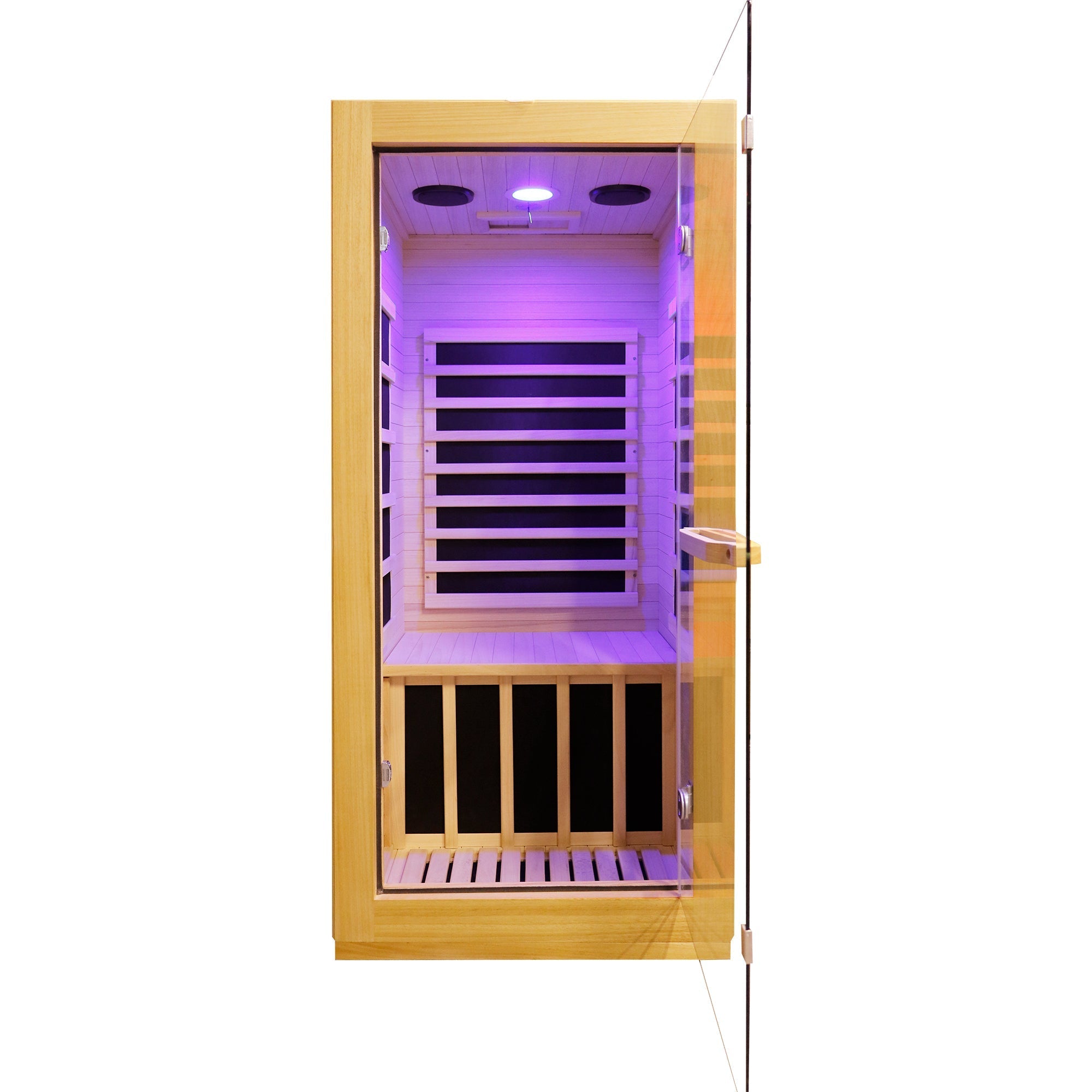 Compact 1-Person Infrared Sauna – Natural Wood with 10-Color Chromotherapy Lighting