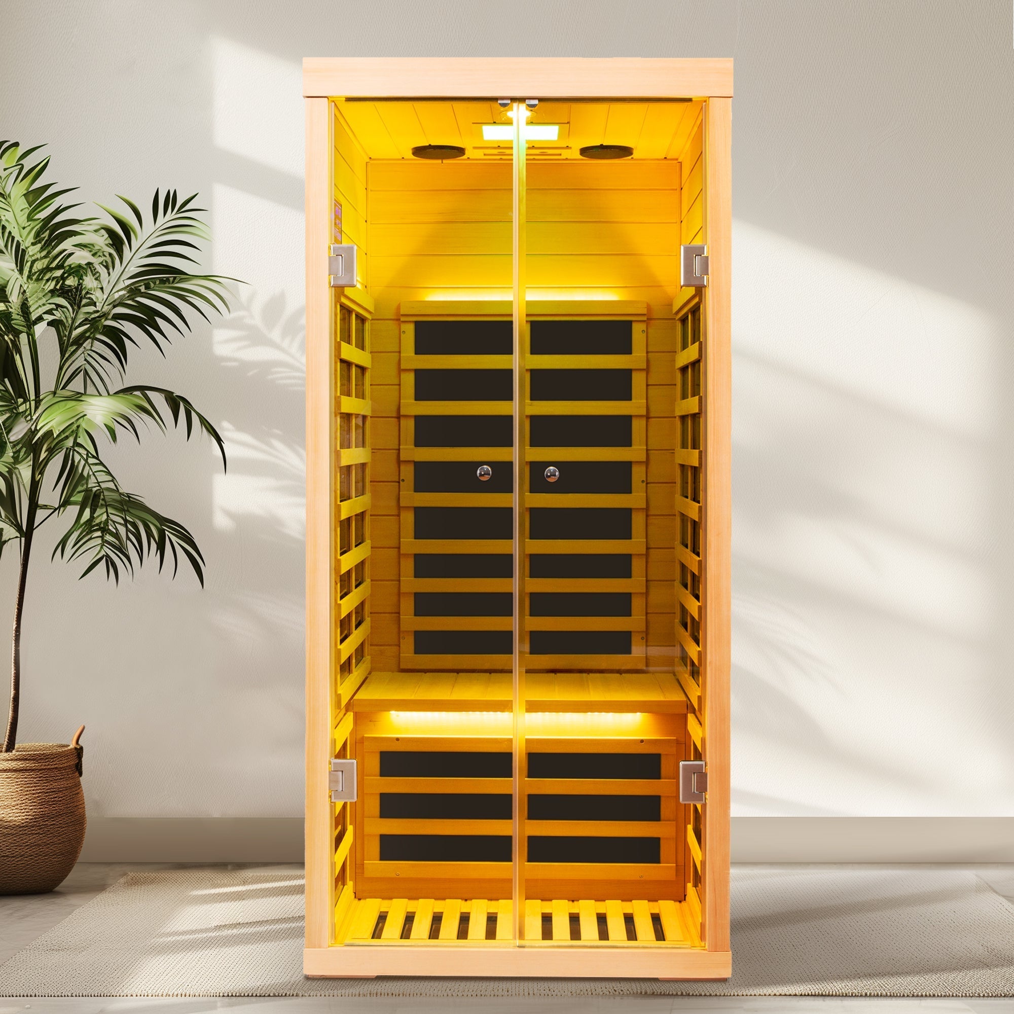 Luxury 1-Person Low EMF Far Infrared Sauna – Hemlock Wood with Glass Double Doors