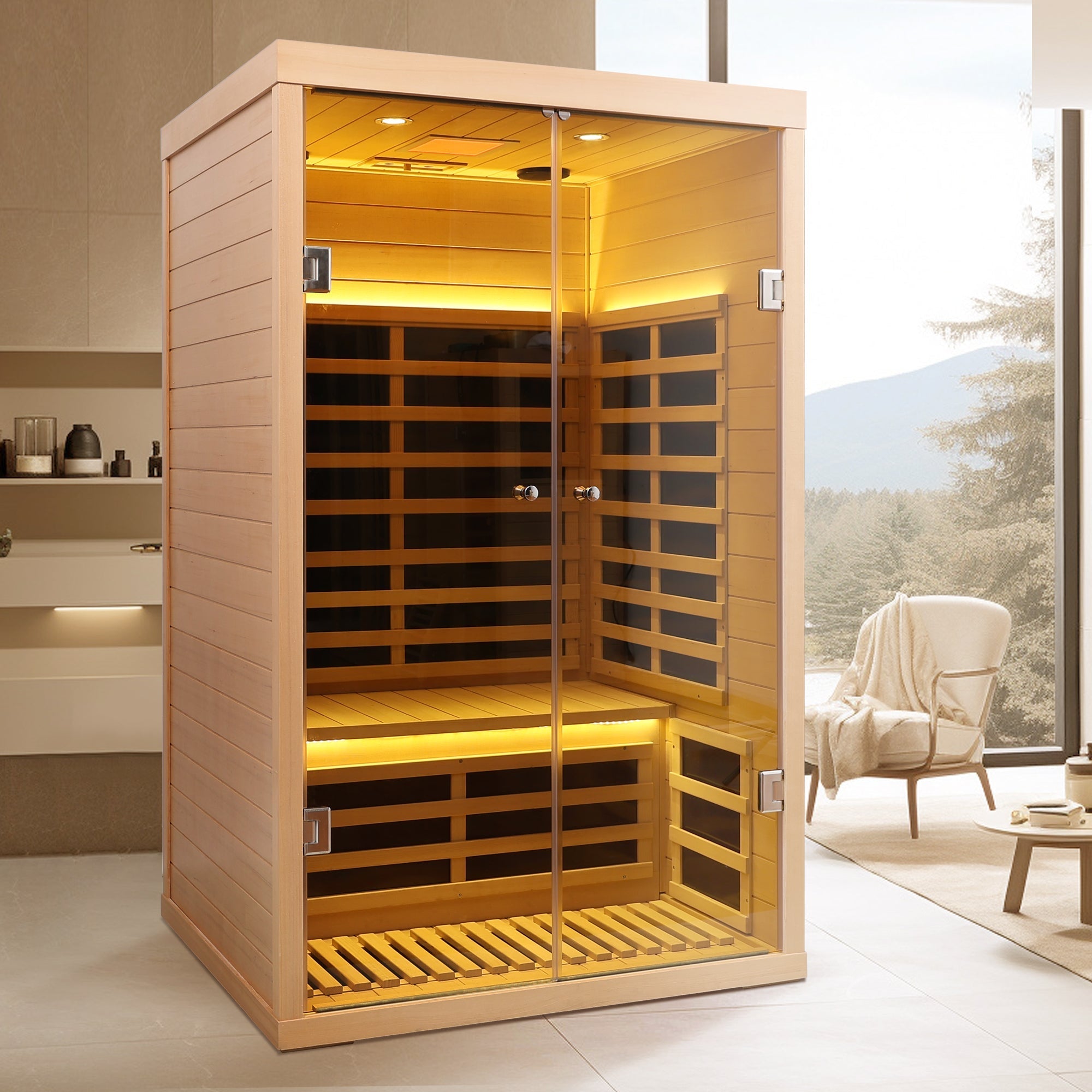 Luxury 2-Person Low EMF Far Infrared Sauna – Hemlock Wood with Double Glass Doors