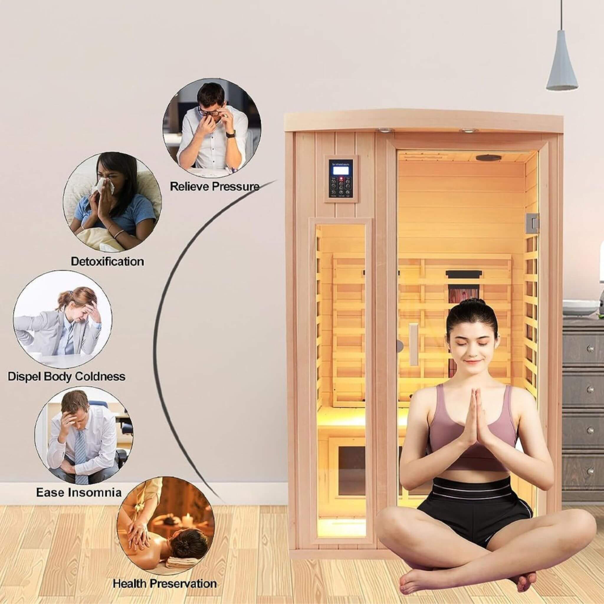 Thermora Orien 2-Person FAR Infrared Sauna | Canadian Hemlock | Carbon Crystal + Ceramic | 1760W | 120V | Chromotherapy | Bluetooth