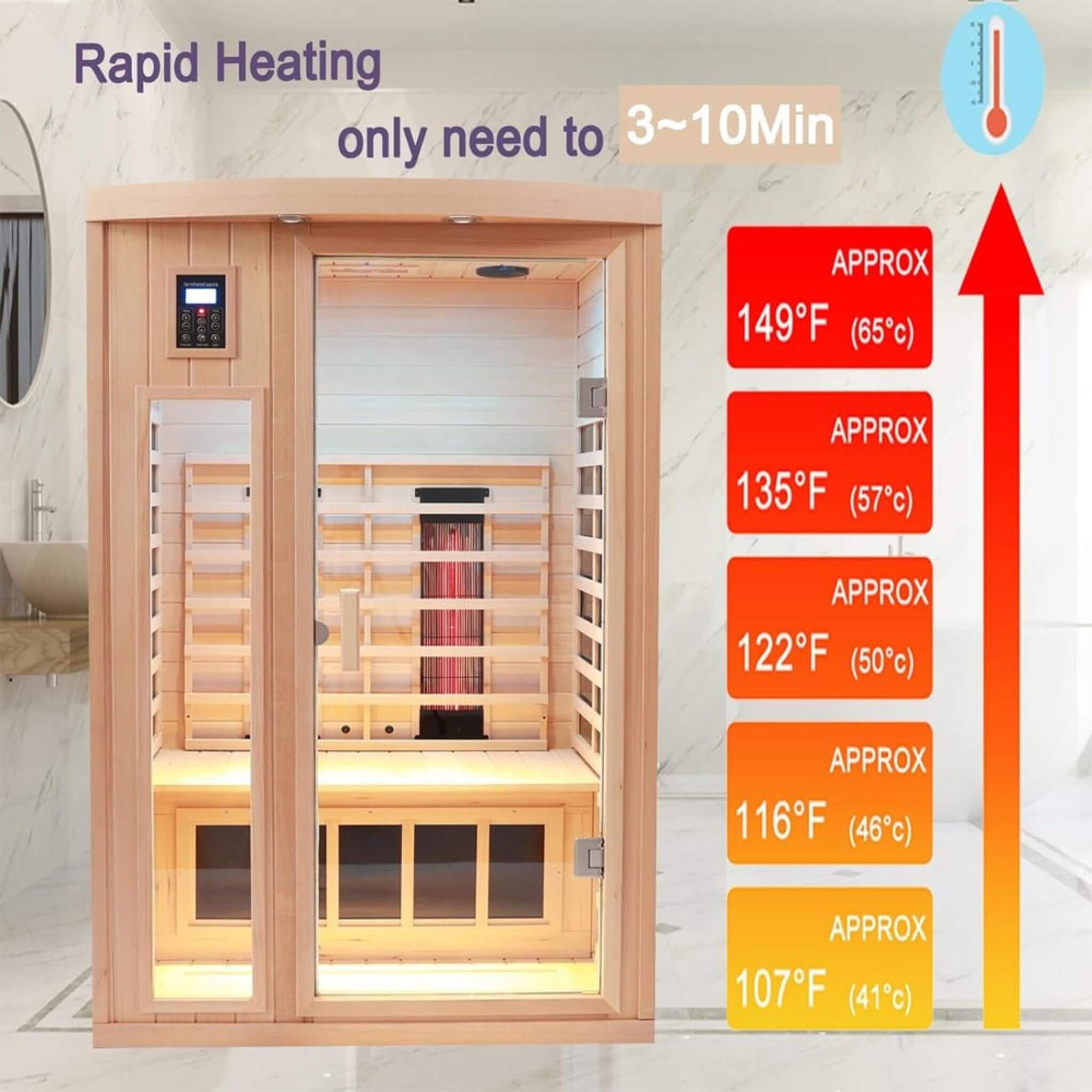 Thermora Orien 2-Person FAR Infrared Sauna | Canadian Hemlock | Carbon Crystal + Ceramic | 1760W | 120V | Chromotherapy | Bluetooth