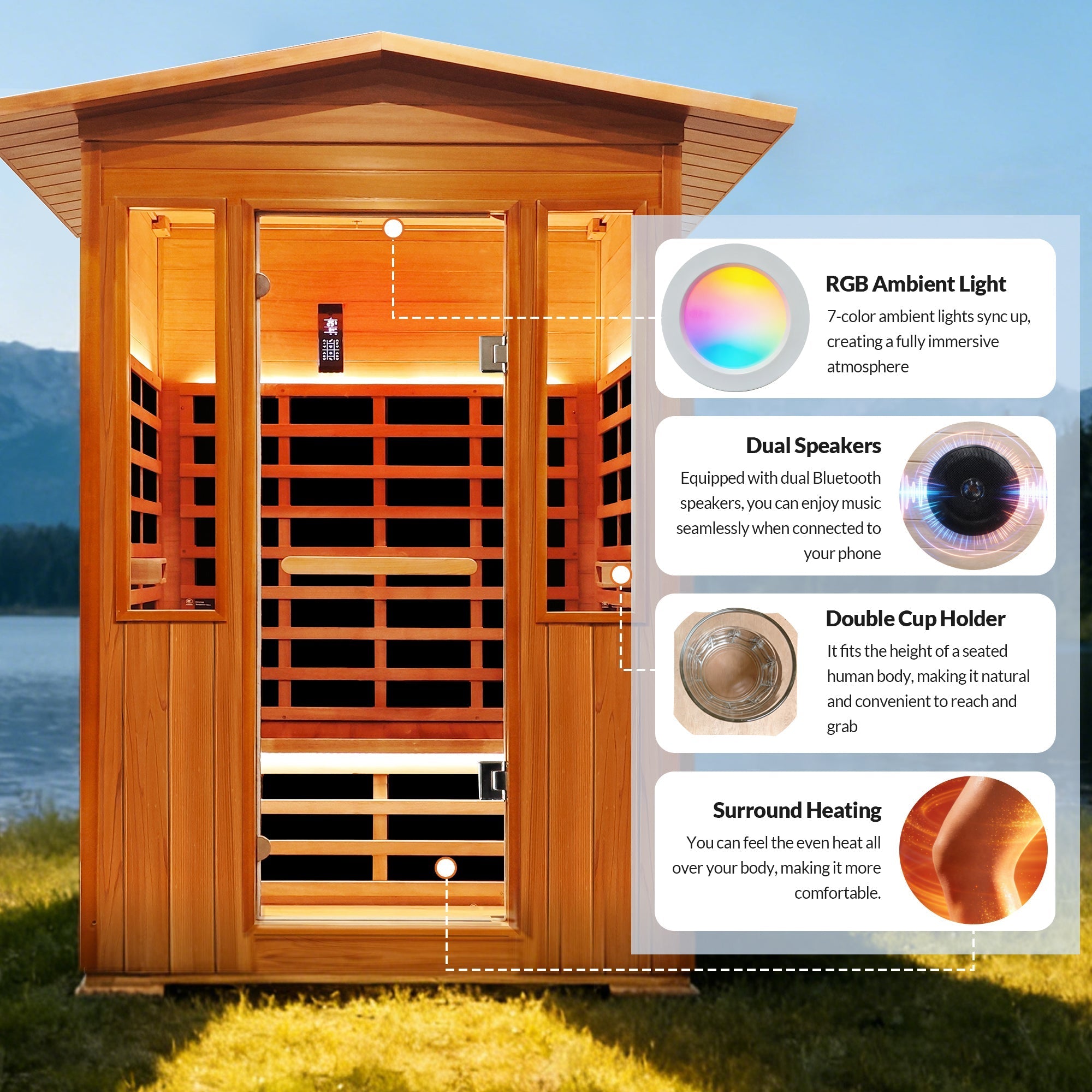 Outdoor 2-Person Far Infrared Sauna – Red Cedar with Bluetooth Audio