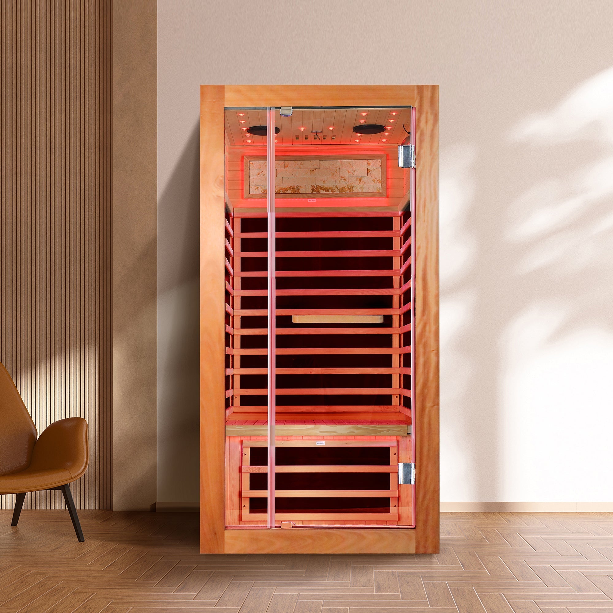1-Person Far Infrared Sauna – American White Oak Finish with Starry Sky Lighting