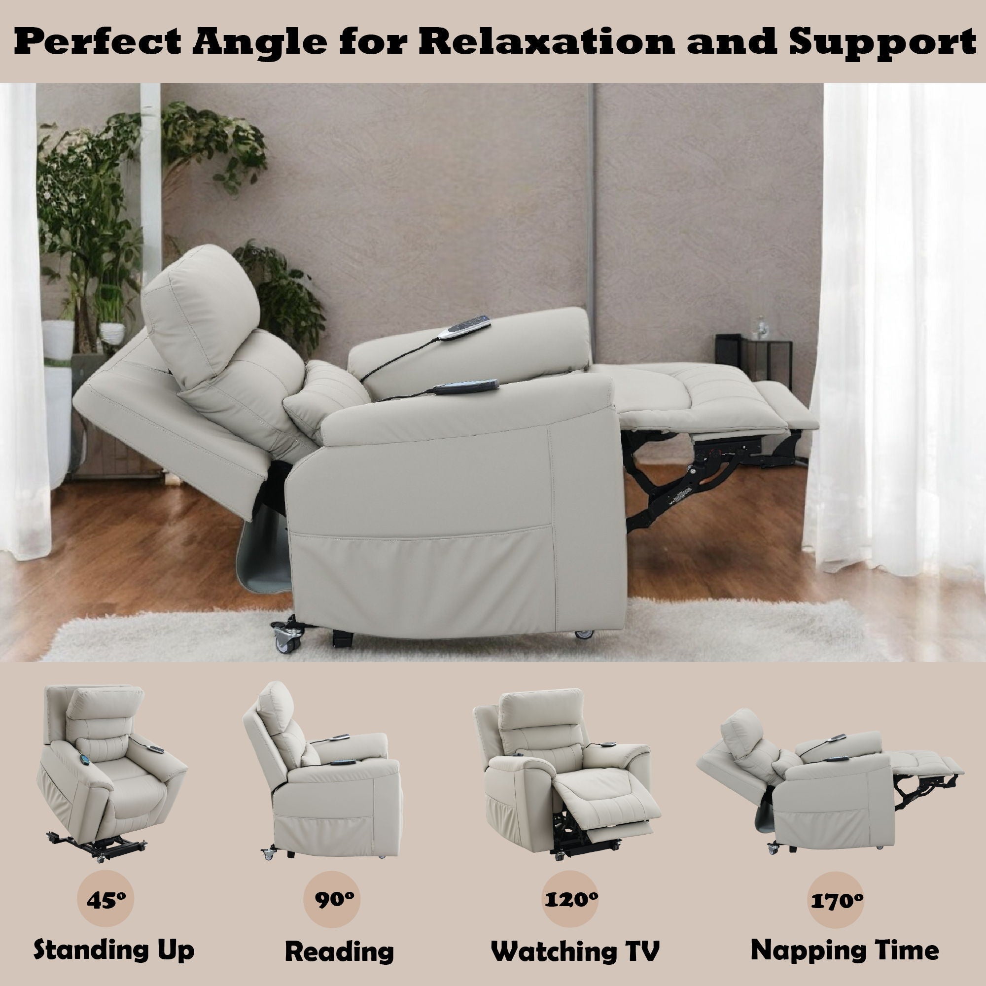 Marsha Power Lift Recliner with Heat & Massage – Light Gray Synthetic Leather