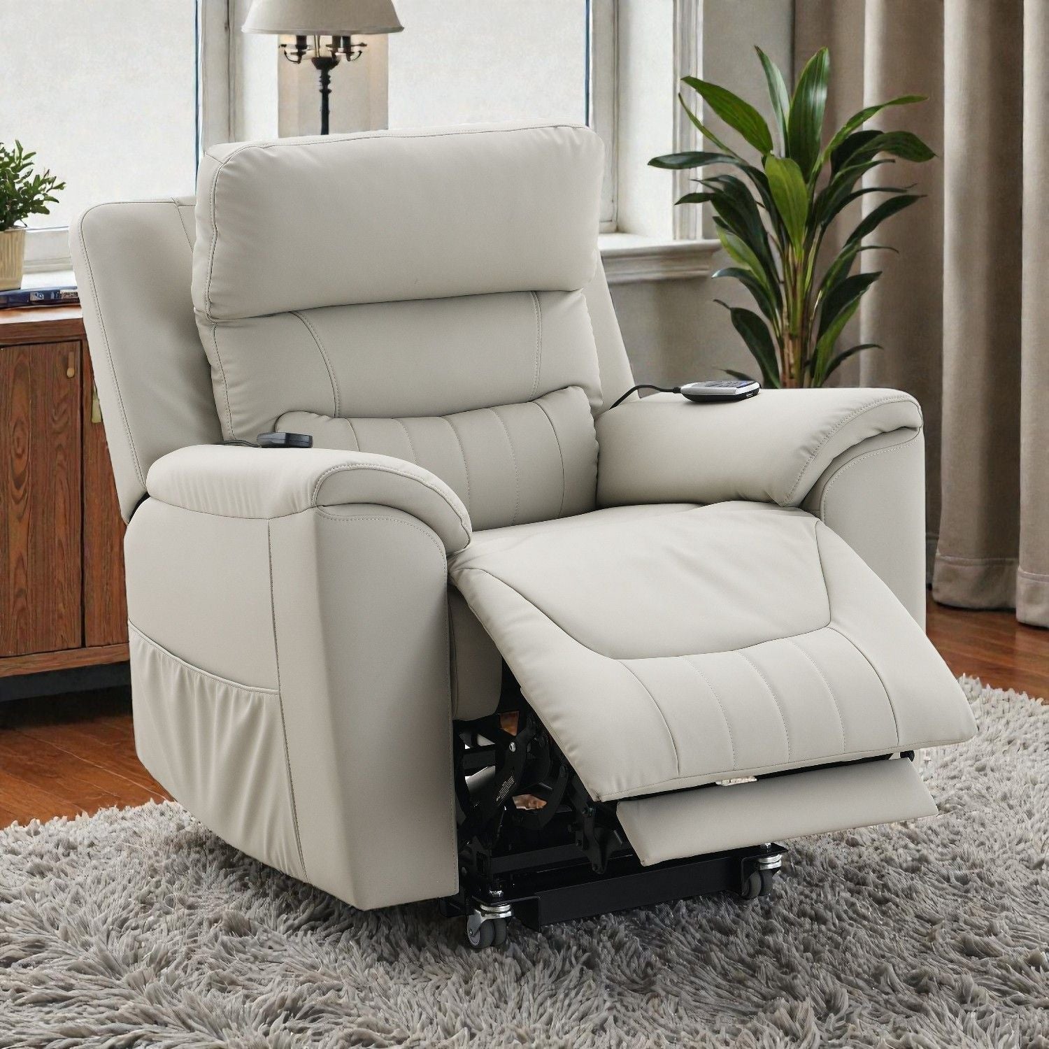 Marsha Power Lift Recliner with Heat & Massage – Light Gray Synthetic Leather