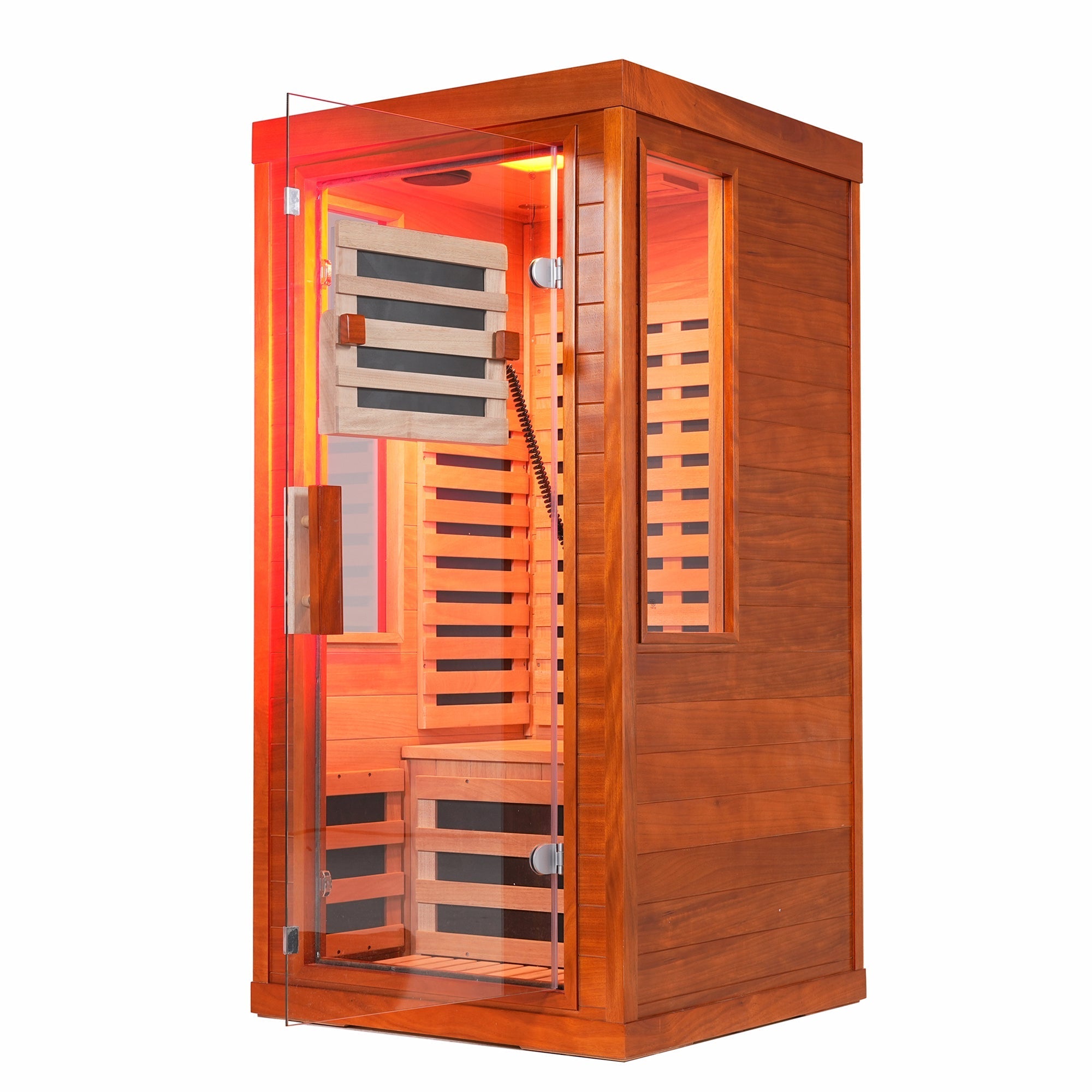 1-Person Full Spectrum Infrared Sauna with Red Light Therapy – Low EMF Okoume Wood