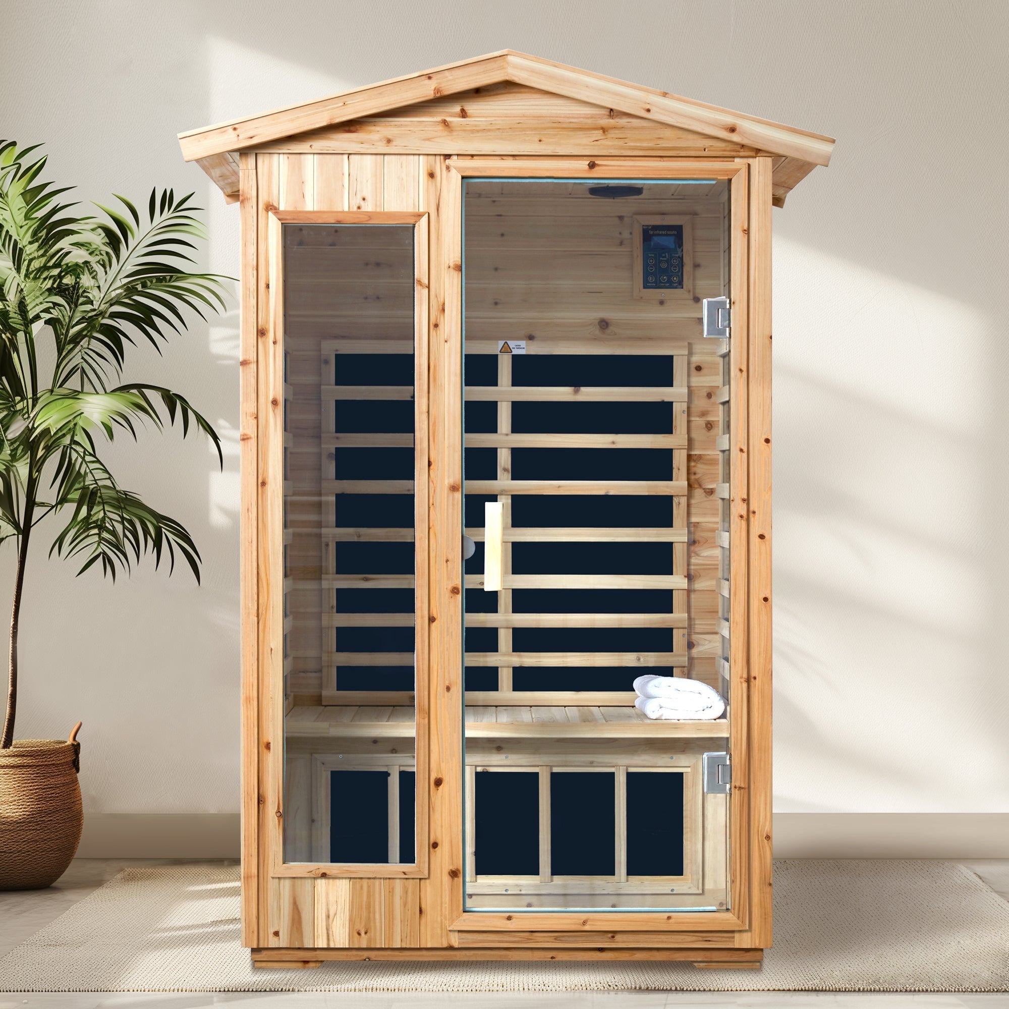 2-Person Outdoor Far Infrared Sauna – Old Fir Wood with Bluetooth Audio
