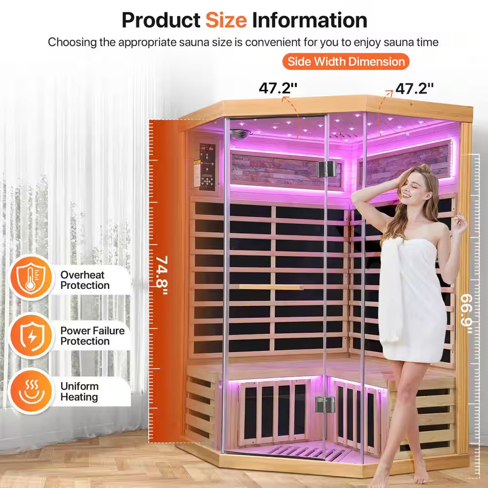 Moray 2-Person Indoor Pentagonal Infrared Sauna in Hemlock with 7 Far-Infrared Carbon Crystal Heaters and Glass Door