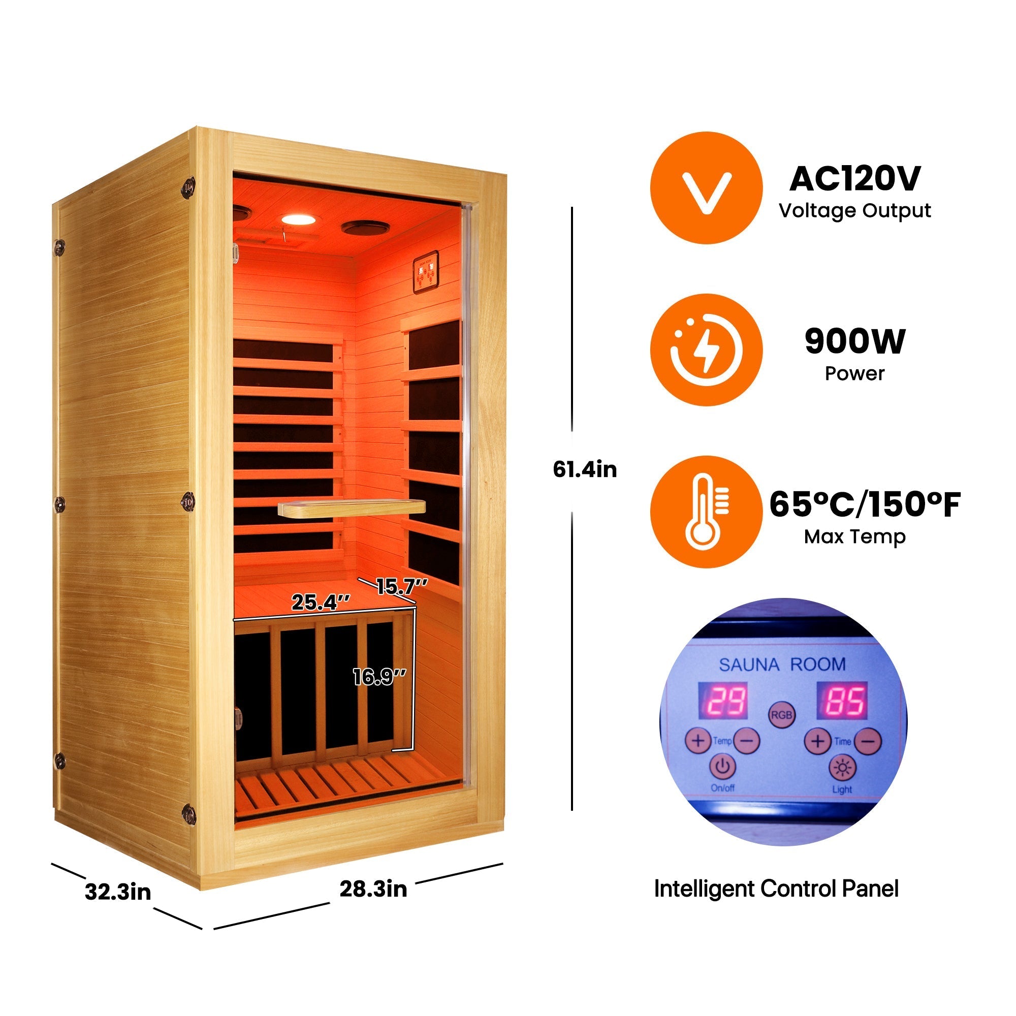 Compact 1-Person Infrared Sauna – Natural Wood with 10-Color Chromotherapy Lighting