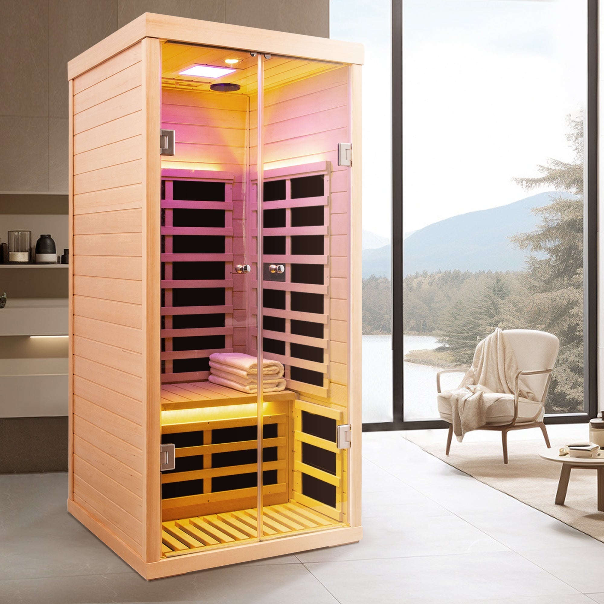Luxury 1-Person Low EMF Far Infrared Sauna – Hemlock Wood with Glass Double Doors
