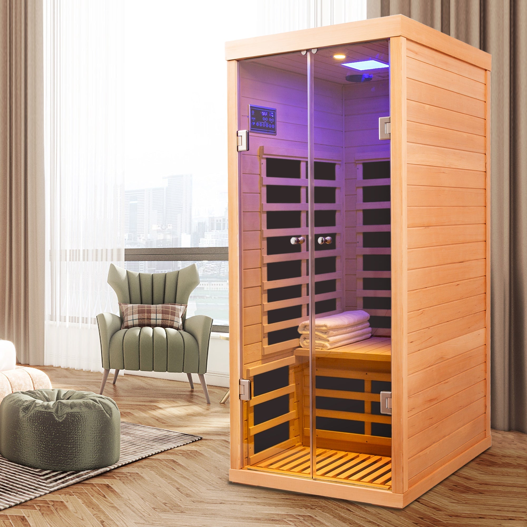 Luxury 1-Person Low EMF Far Infrared Sauna – Hemlock Wood with Glass Double Doors