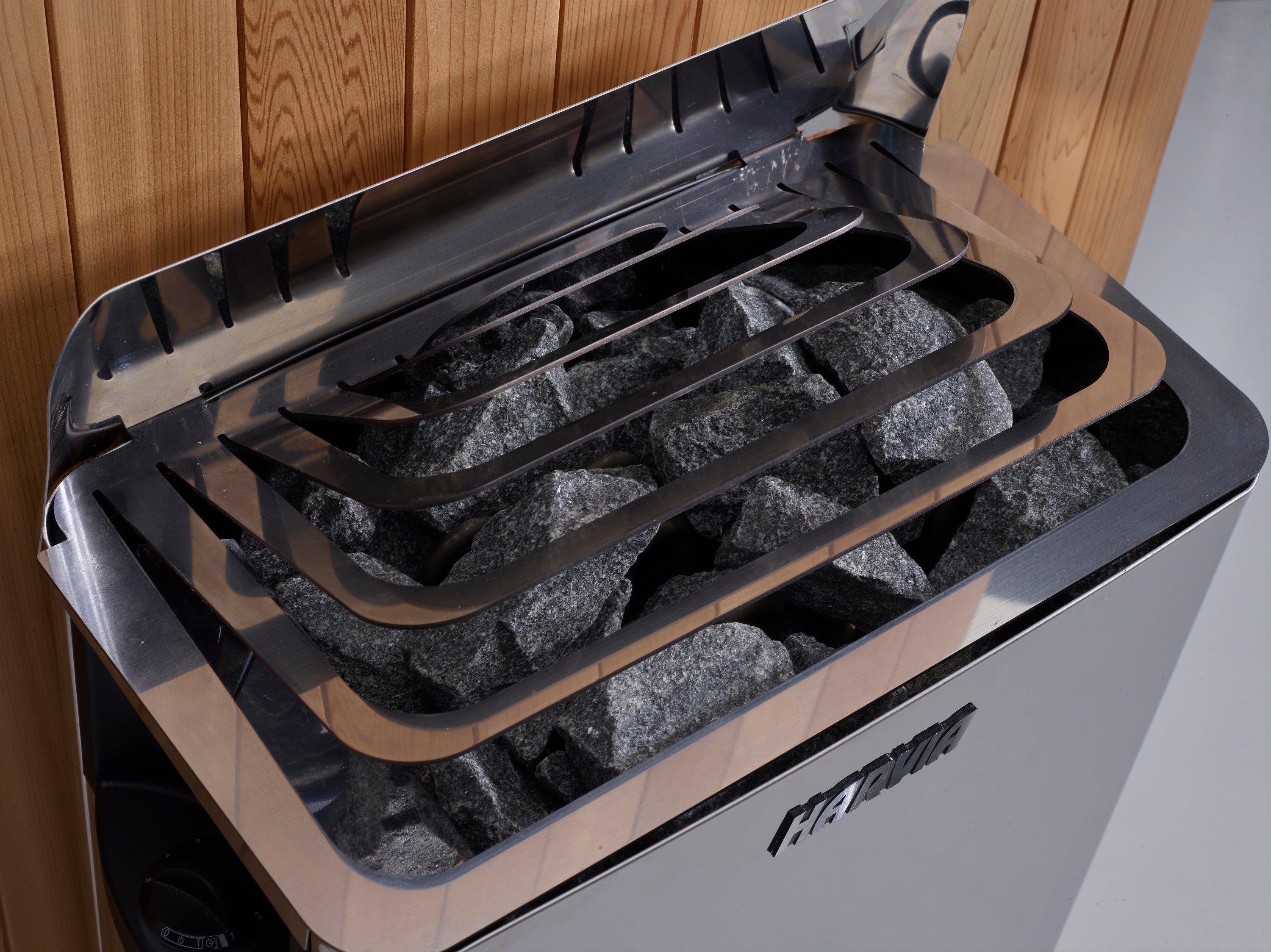 Harvia The Wall Electric Sauna Heater | 6 or 8kW | 44 lbs Rocks | Built-In Controls | Black or Stainless | 240V