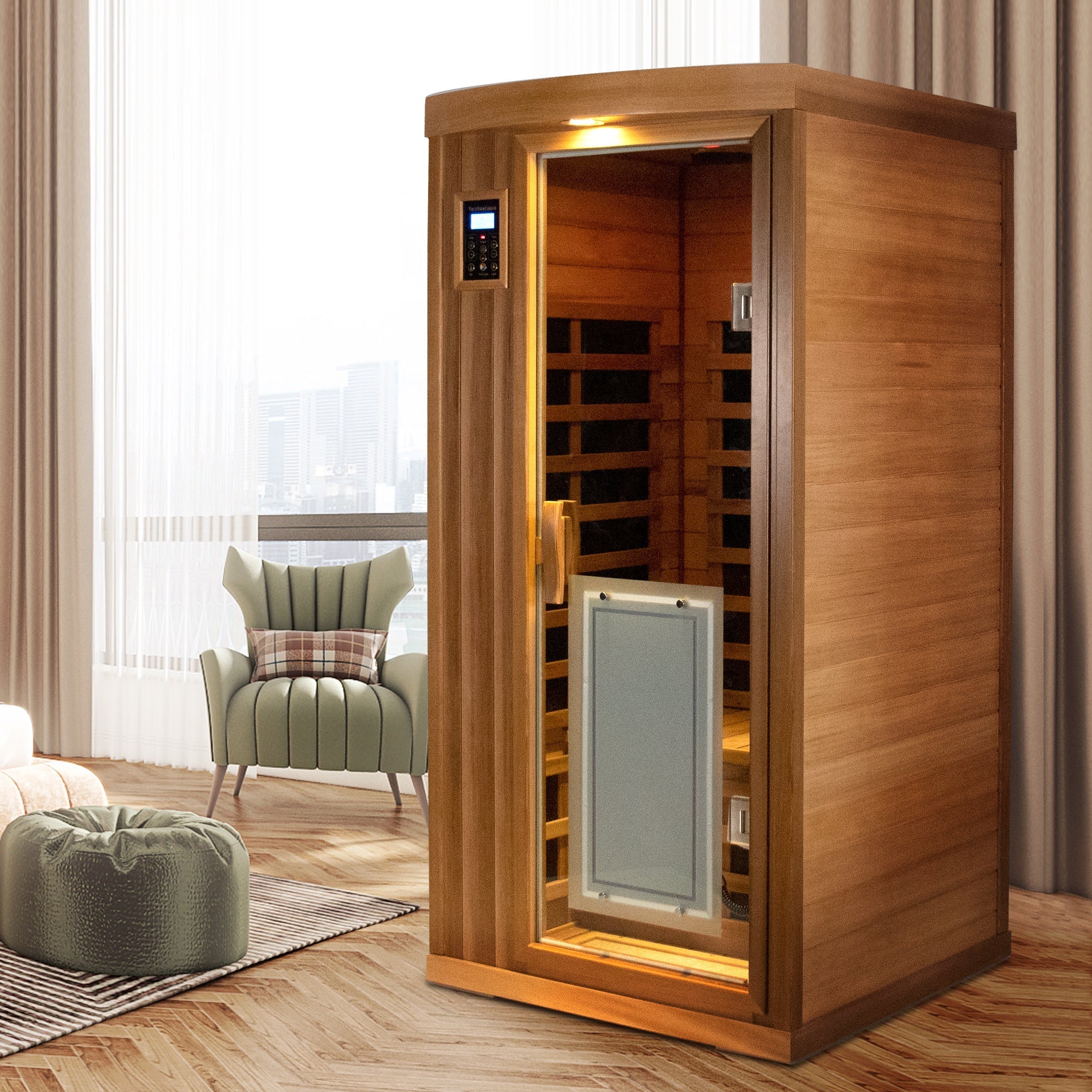 Deluxe 1-Person Low EMF Far Infrared Sauna – Red Cedar with Bluetooth Audio