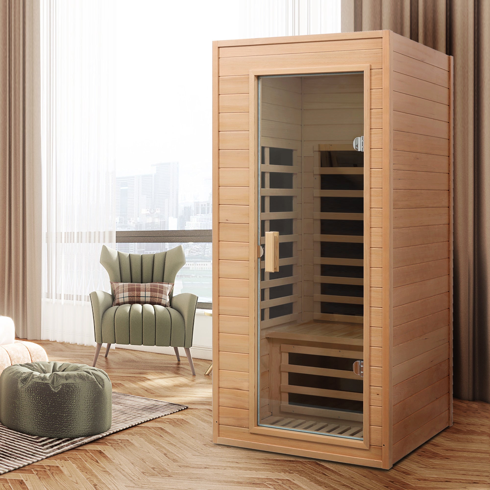 1-Person Far Infrared Sauna – Natural Hemlock with Bluetooth Audio