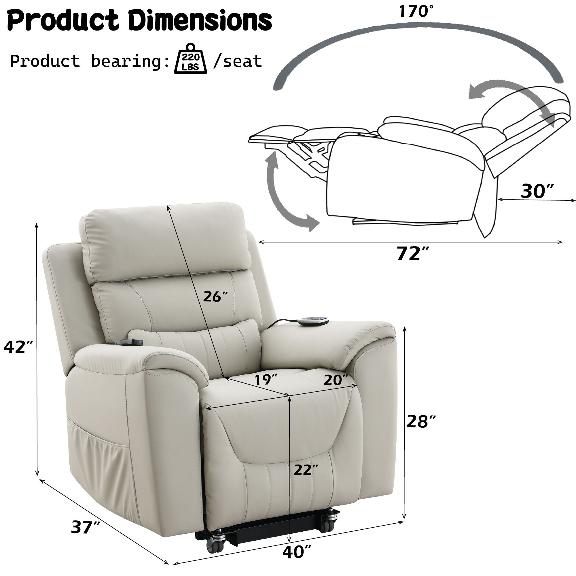 Marsha Power Lift Recliner with Heat & Massage – Light Gray Synthetic Leather