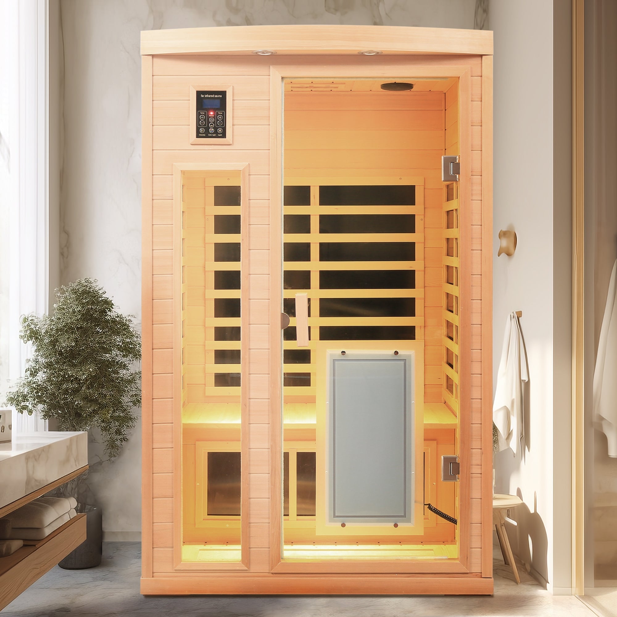 2-Person Low EMF Far Infrared Sauna – Hemlock Wood with Heated Glass Door