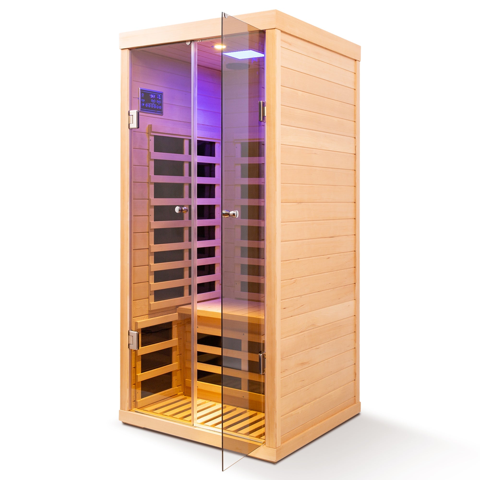Luxury 1-Person Low EMF Far Infrared Sauna – Hemlock Wood with Glass Double Doors