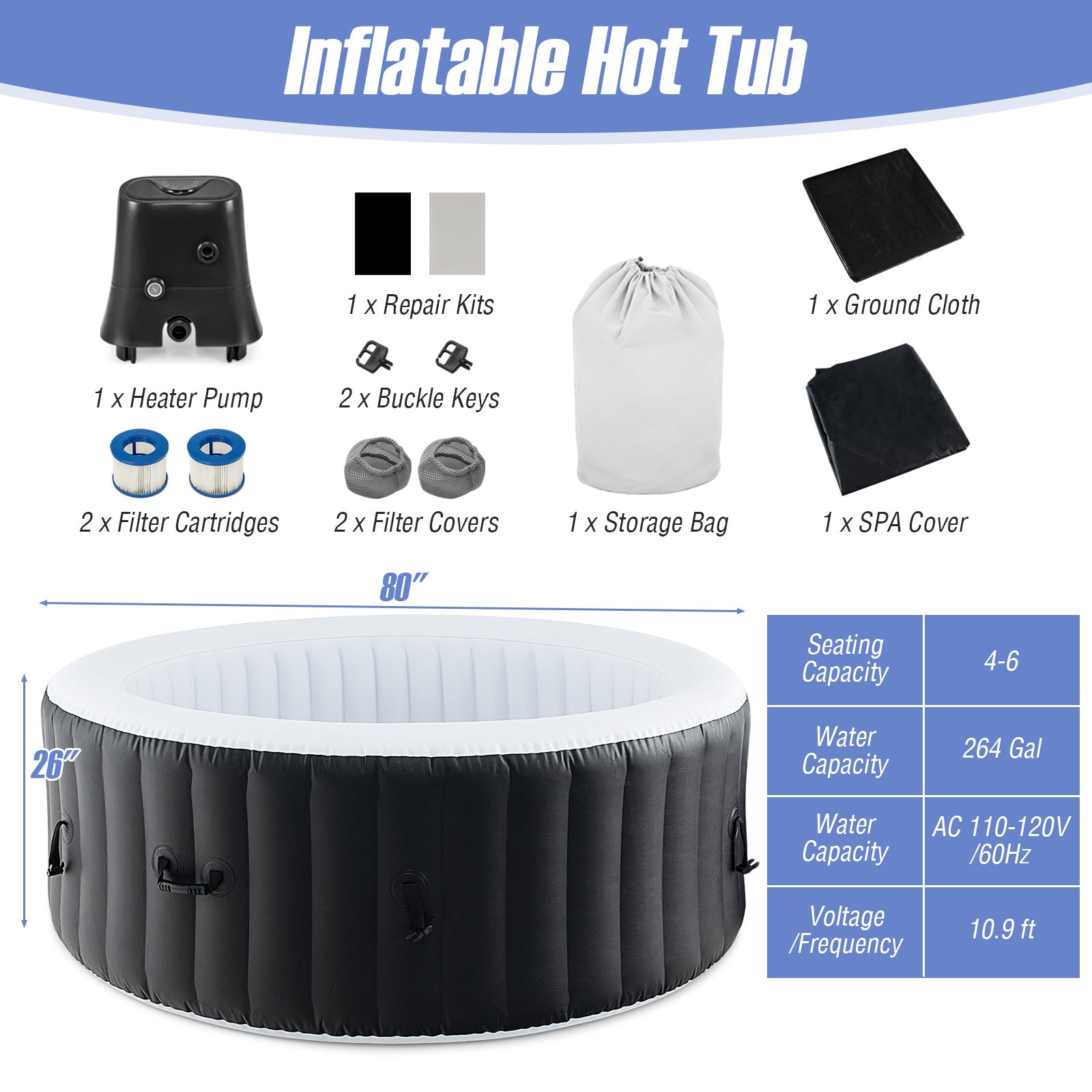 Round Inflatable Spa Pool | 70" or 80" | 110-130 Air Jets | Electric Heater | PTC Heating | Child Lock | Portable