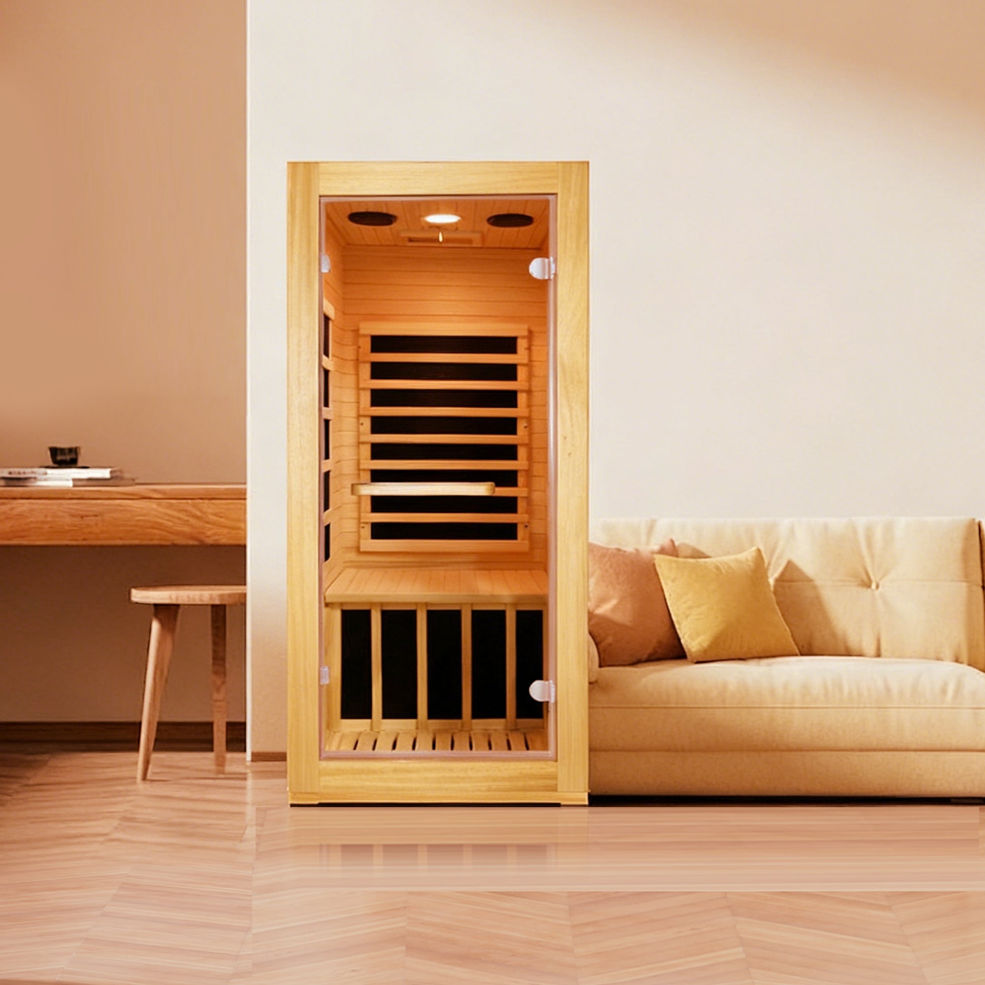 Compact 1-Person Infrared Sauna – Natural Wood with 10-Color Chromotherapy Lighting