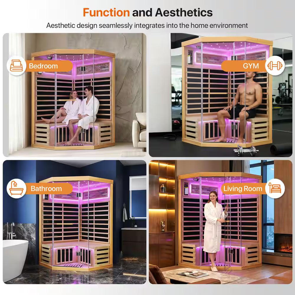 Moray 2-Person Indoor Pentagonal Infrared Sauna in Hemlock with 7 Far-Infrared Carbon Crystal Heaters and Glass Door