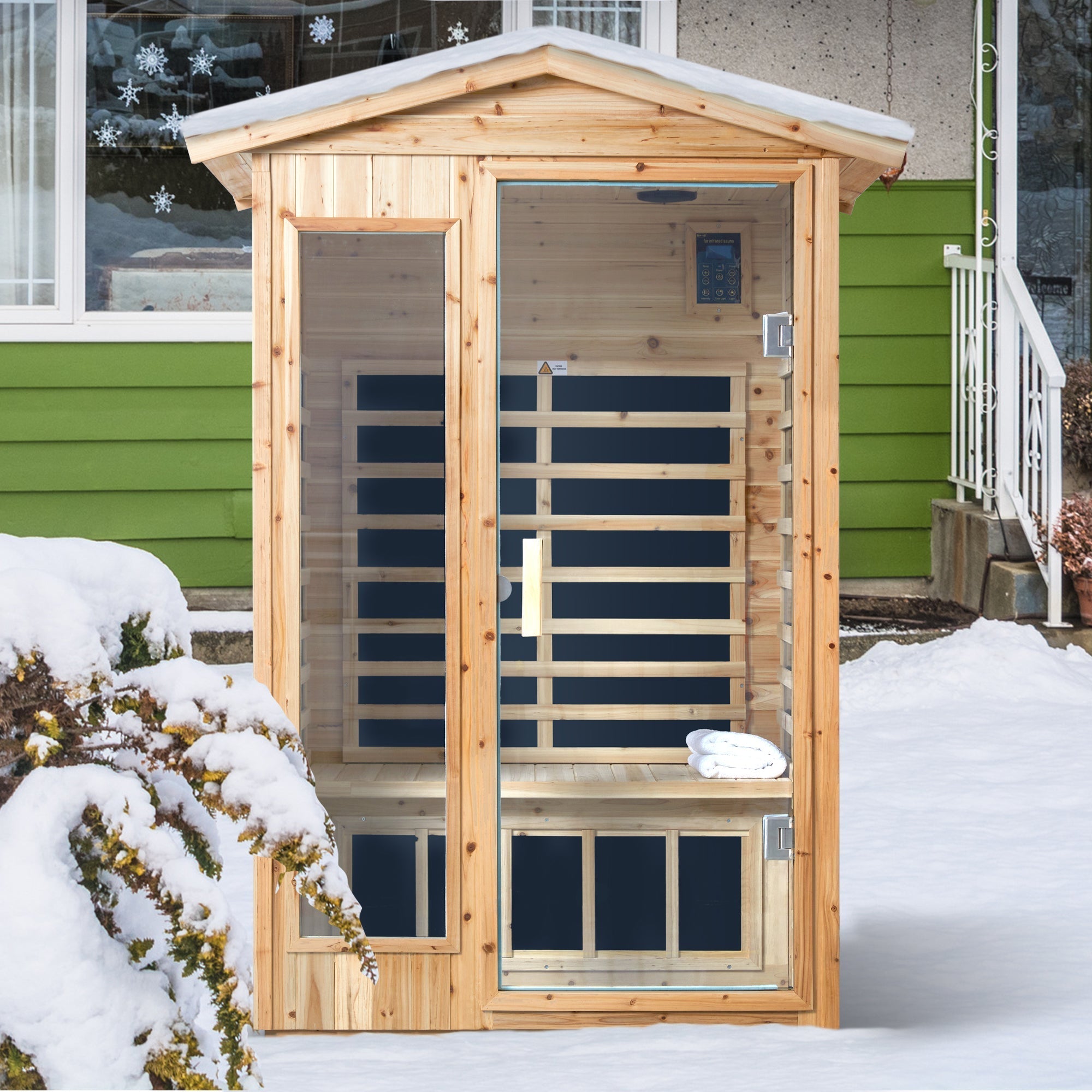 2-Person Outdoor Far Infrared Sauna – Old Fir Wood with Bluetooth Audio