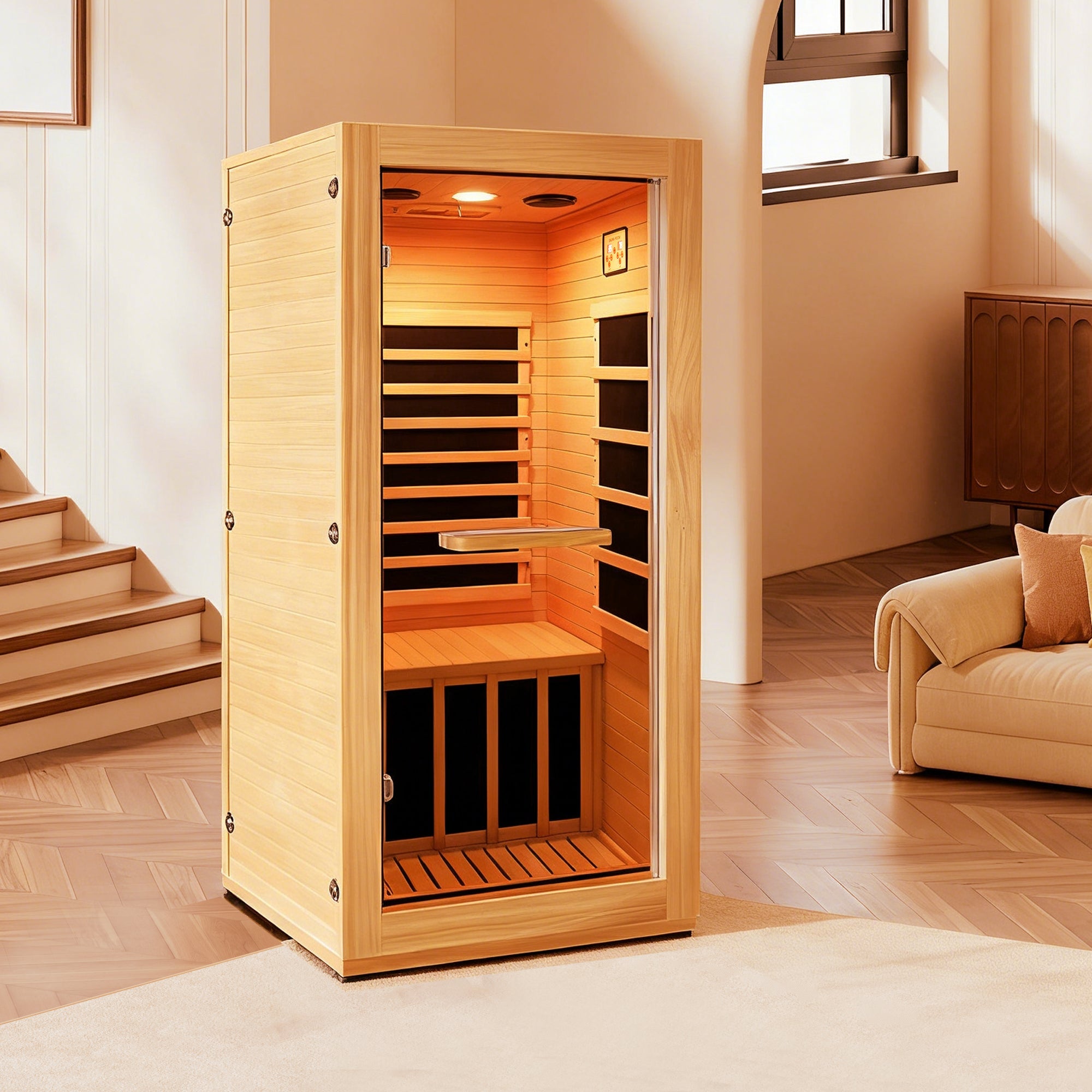 Compact 1-Person Infrared Sauna – Natural Wood with 10-Color Chromotherapy Lighting