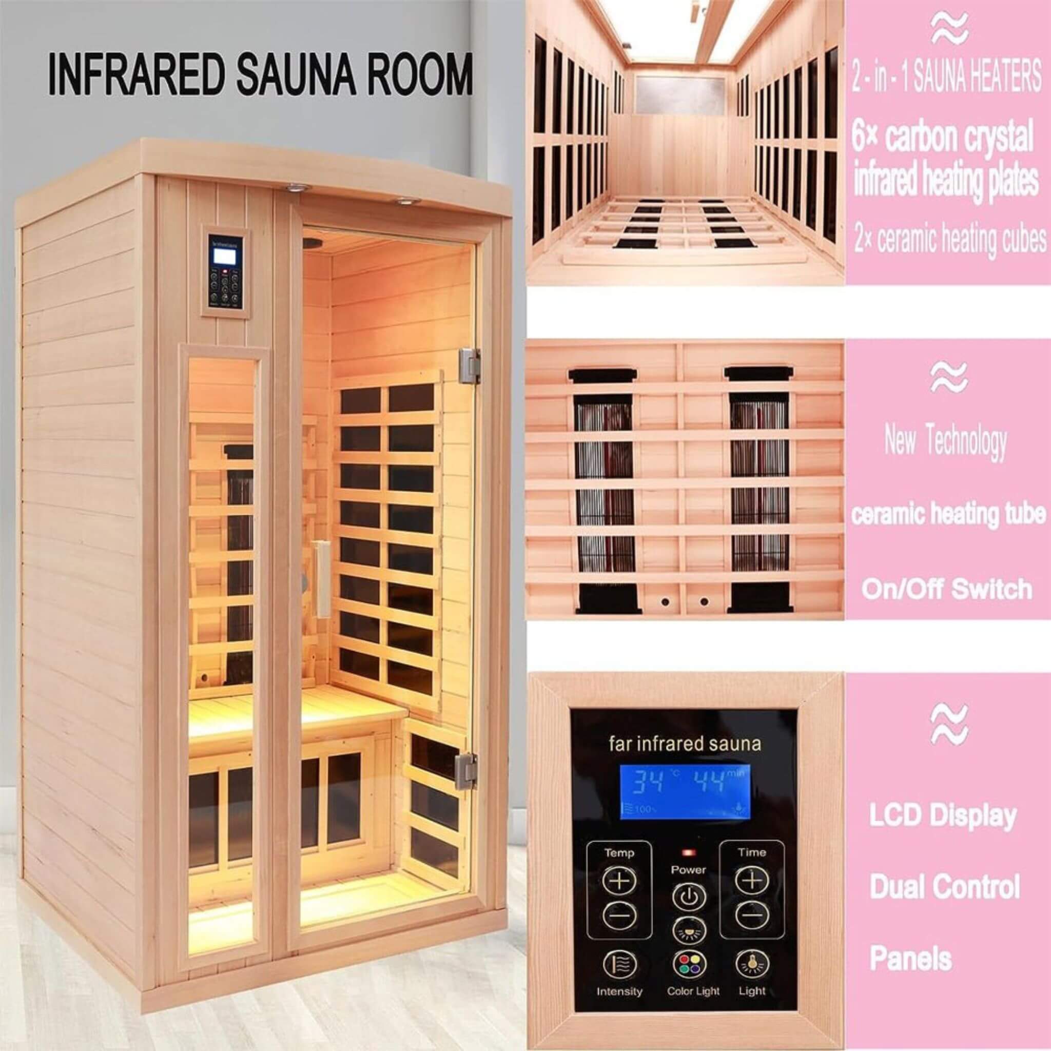 Thermora Orien 2-Person FAR Infrared Sauna | Canadian Hemlock | Carbon Crystal + Ceramic | 1760W | 120V | Chromotherapy | Bluetooth