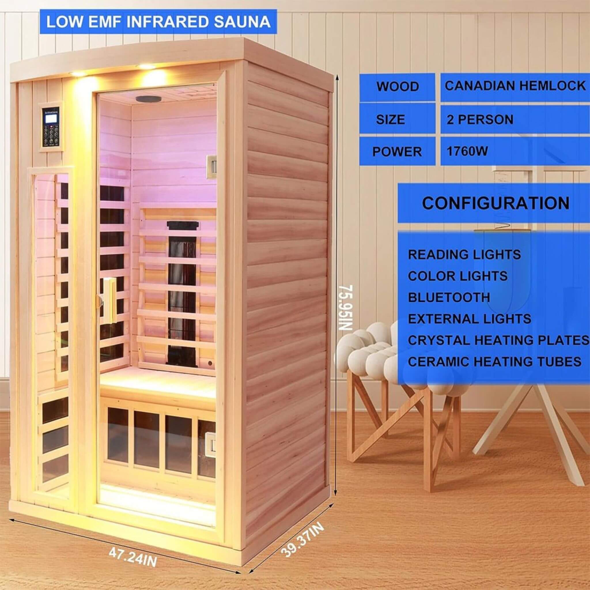 Thermora Orien 2-Person FAR Infrared Sauna | Canadian Hemlock | Carbon Crystal + Ceramic | 1760W | 120V | Chromotherapy | Bluetooth
