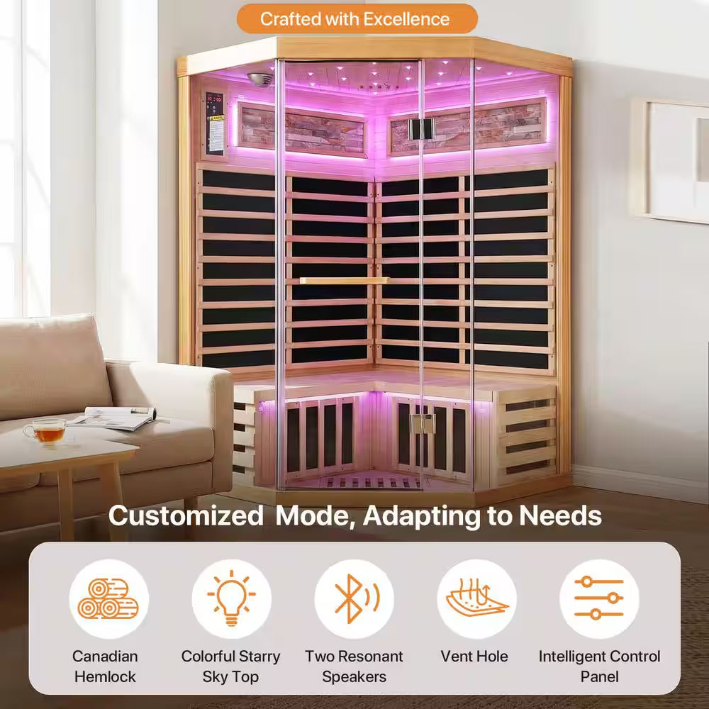Moray 2-Person Indoor Pentagonal Infrared Sauna in Hemlock with 7 Far-Infrared Carbon Crystal Heaters and Glass Door