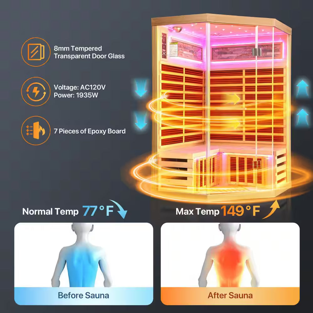 Moray 2-Person Indoor Pentagonal Infrared Sauna in Hemlock with 7 Far-Infrared Carbon Crystal Heaters and Glass Door