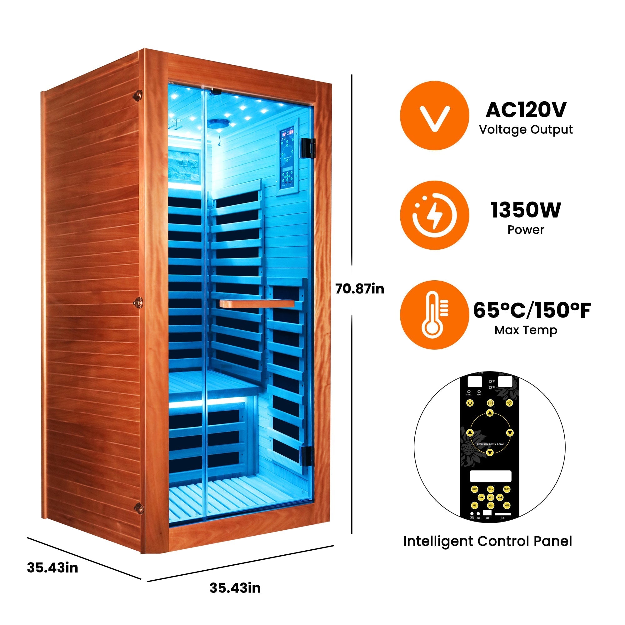 1-Person Far Infrared Sauna – American White Oak Finish with Starry Sky Lighting