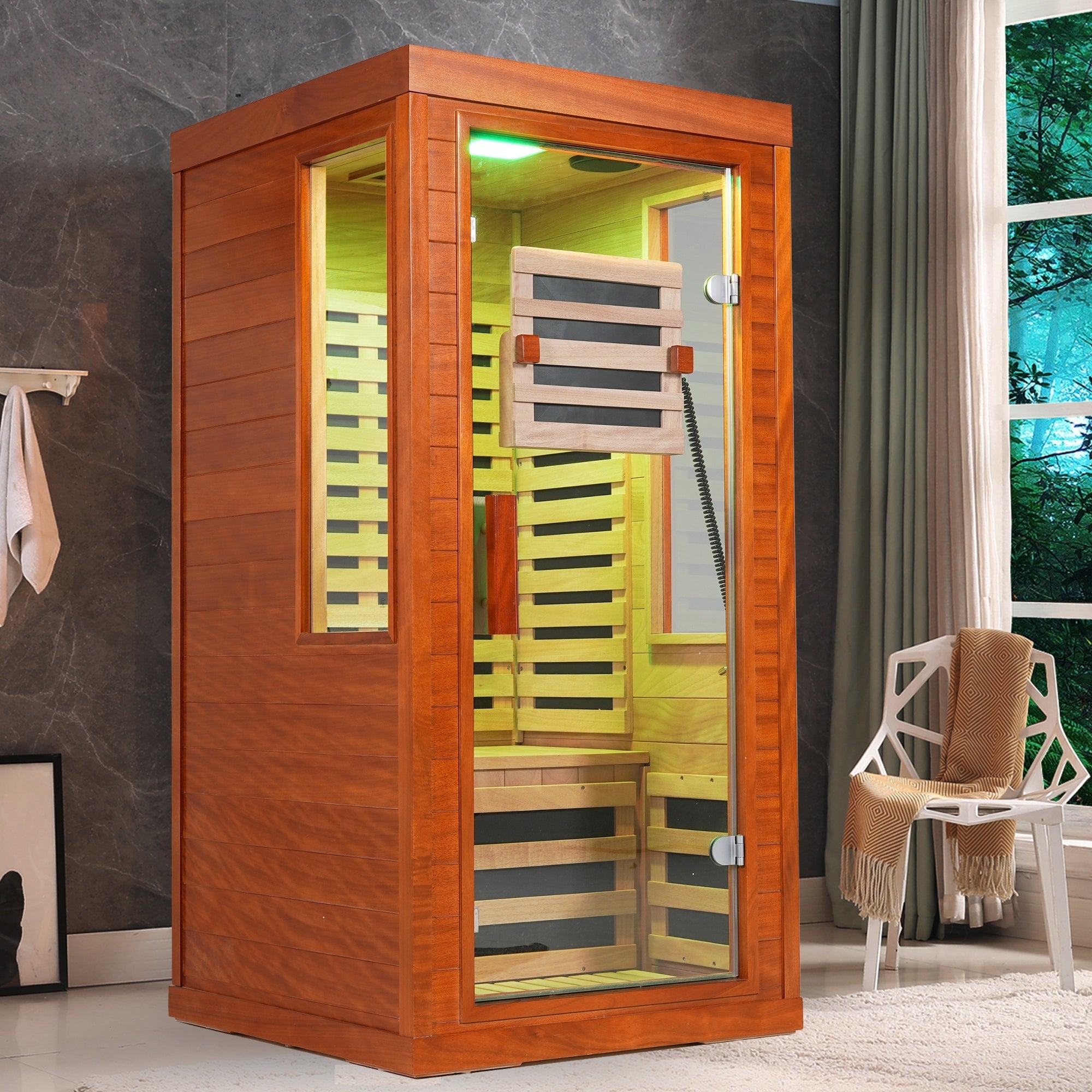 1-Person Full Spectrum Infrared Sauna with Red Light Therapy – Low EMF Okoume Wood