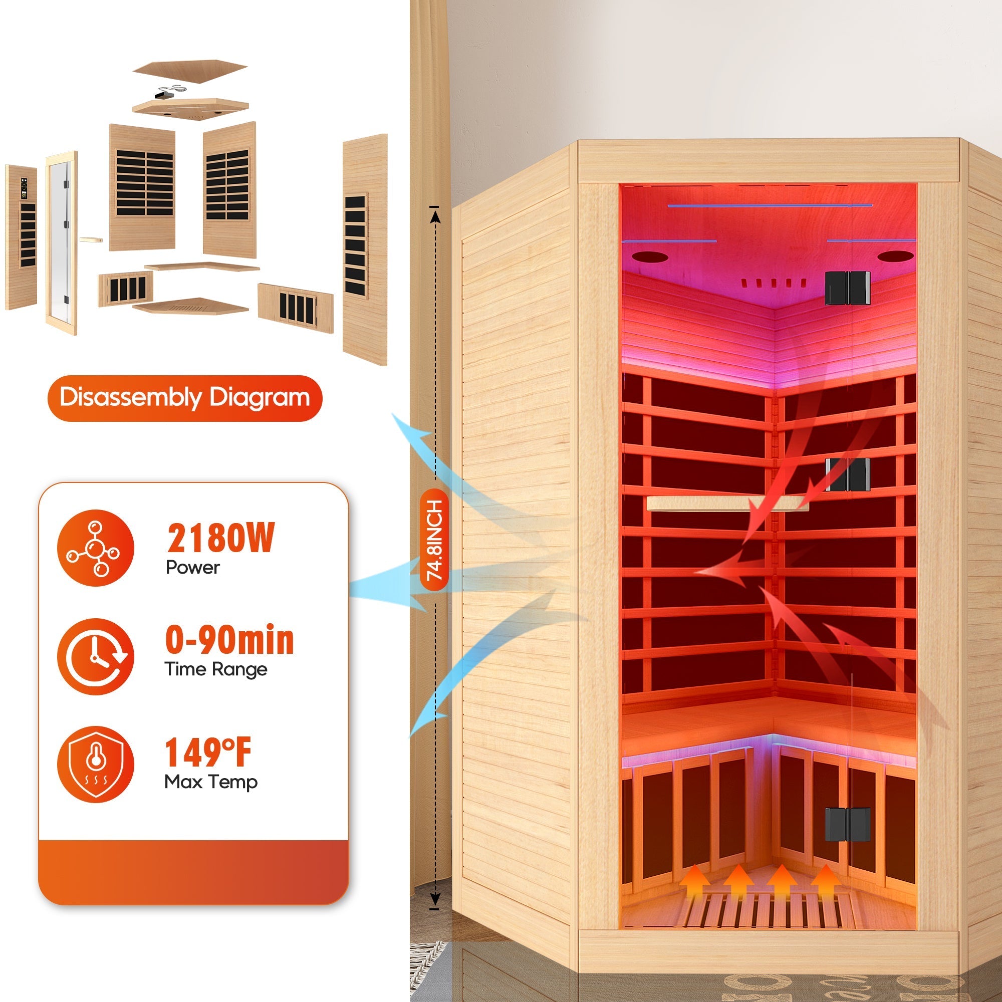 2-Person Corner Infrared Sauna – Canadian Hemlock with Bluetooth Speakers