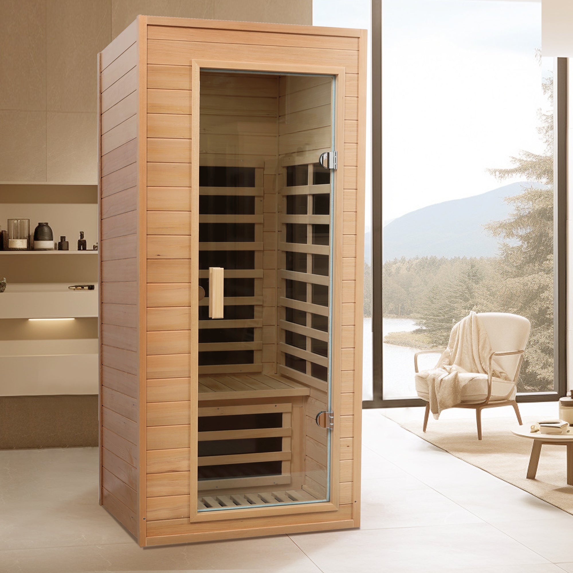 1-Person Far Infrared Sauna – Natural Hemlock with Bluetooth Audio