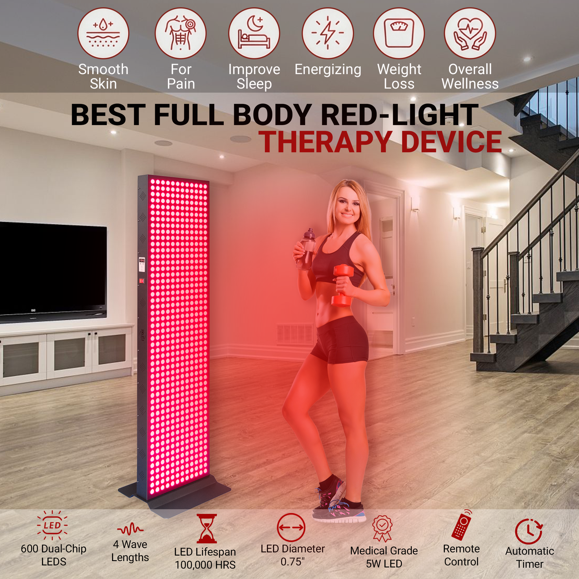 EXESAS Full Body Red Light Therapy Panel – 600 LEDs, 4 Wavelengths, 3000W
