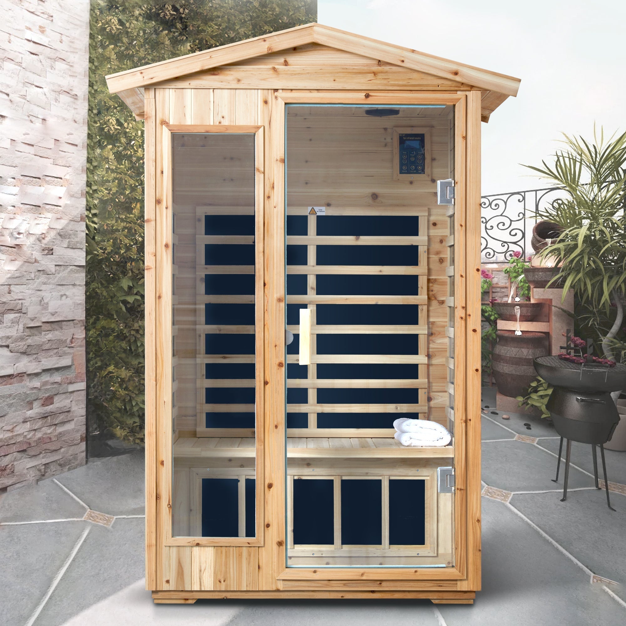 2-Person Outdoor Far Infrared Sauna – Old Fir Wood with Bluetooth Audio