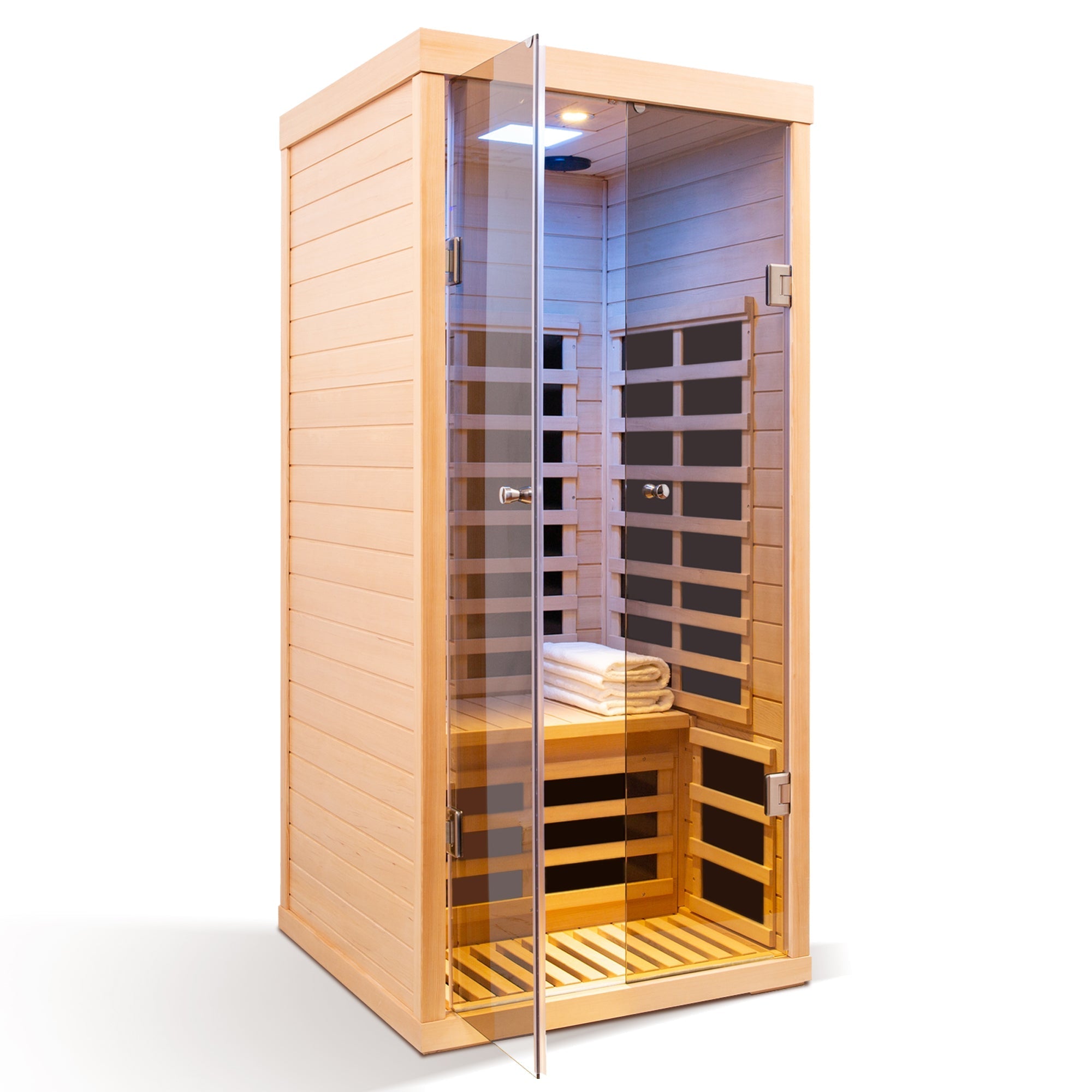 Luxury 1-Person Low EMF Far Infrared Sauna – Hemlock Wood with Glass Double Doors