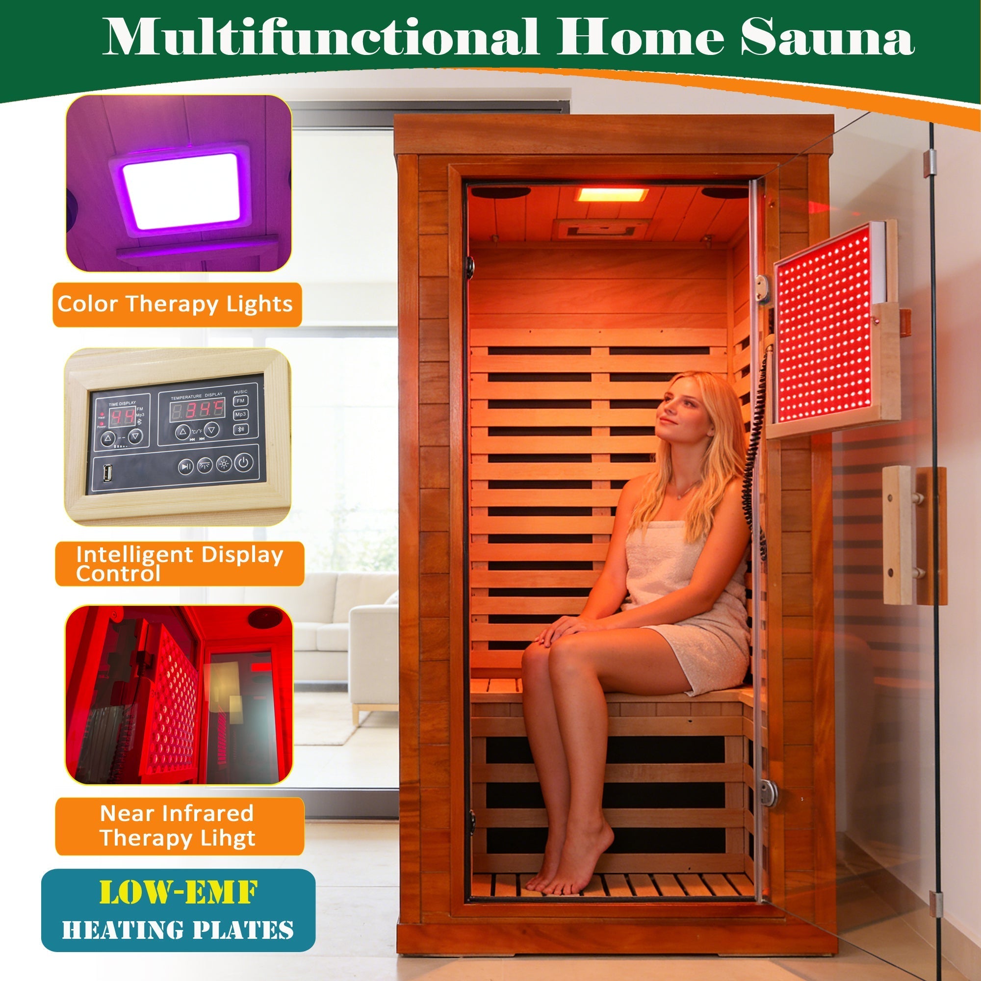 1-Person Full Spectrum Infrared Sauna with Red Light Therapy – Low EMF Okoume Wood