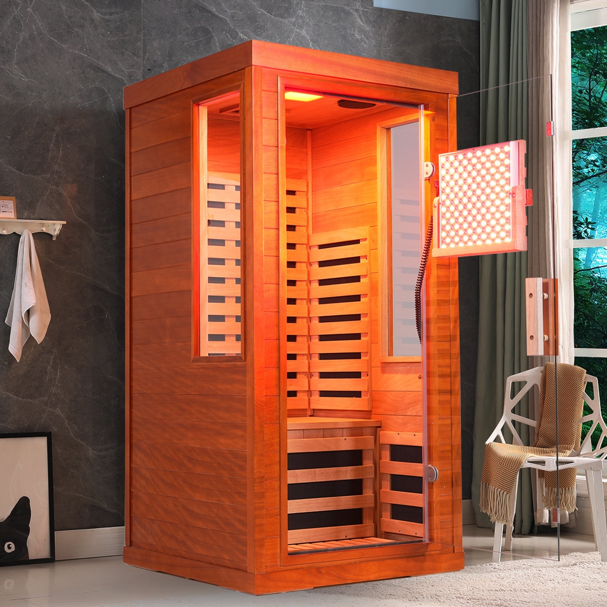 1-Person Full Spectrum Infrared Sauna with Red Light Therapy – Low EMF Okoume Wood