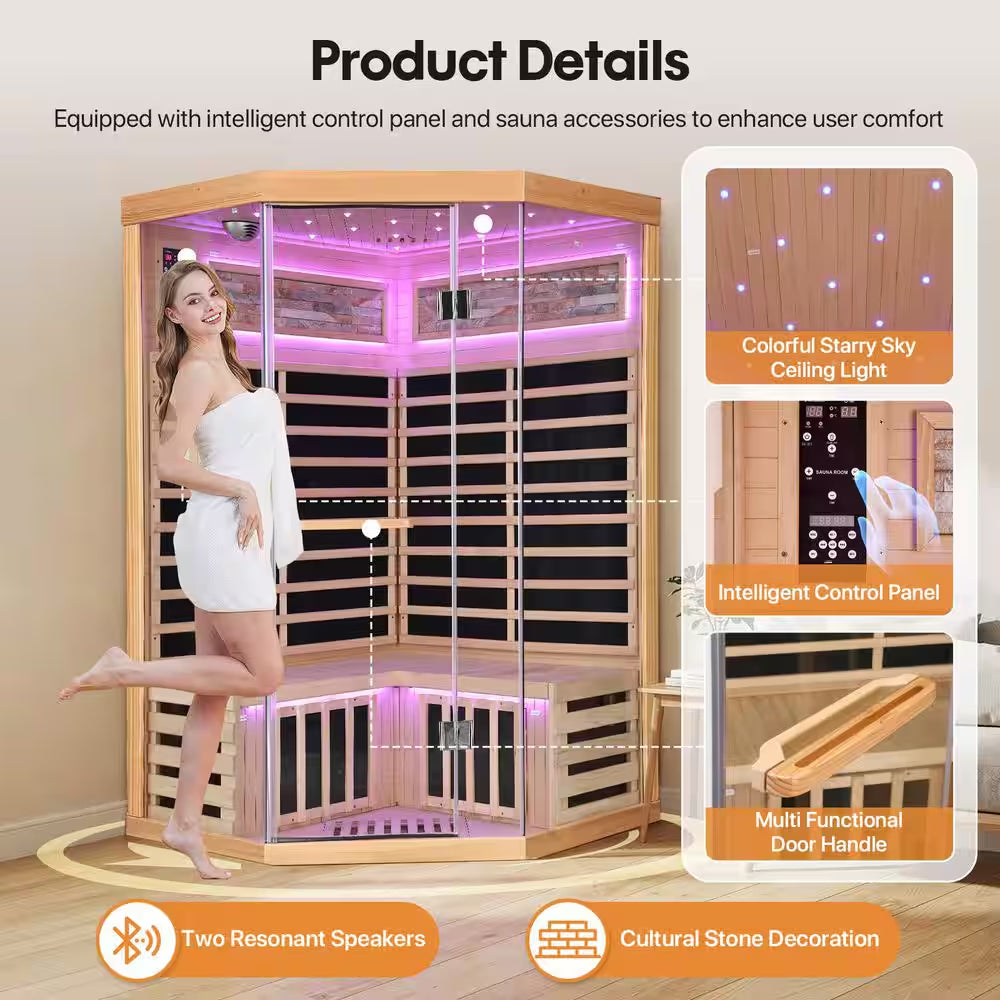 Moray 2-Person Indoor Pentagonal Infrared Sauna in Hemlock with 7 Far-Infrared Carbon Crystal Heaters and Glass Door
