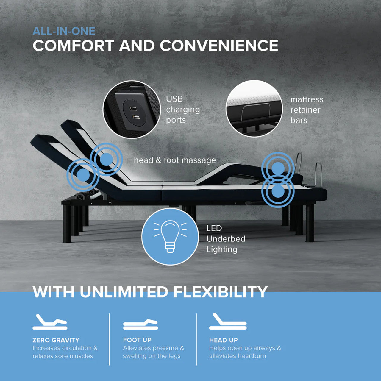 MS300 Adjustable Bed Base – Wireless Remote, Dual Massage, USB Ports & Under-Bed Lighting