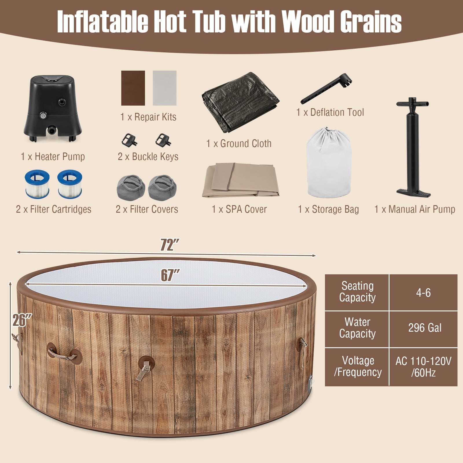 72-Inch Inflatable Hot Tub Spa with 120 Air Jets & Electric Heater Pump (4–6 Person)