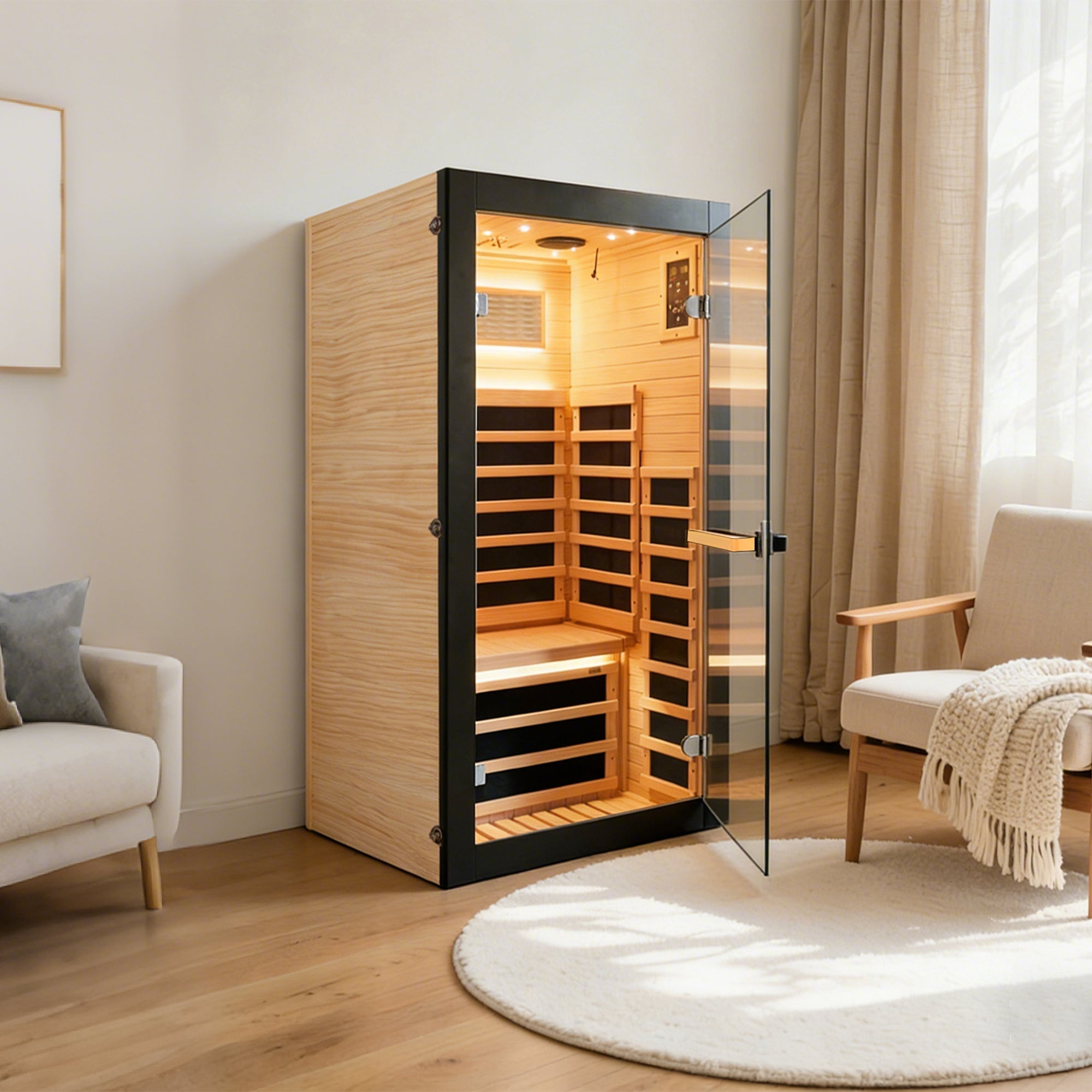 Compact 1-Person Far Infrared Sauna Cabin – Chilean Pine with Starry Sky Lighting