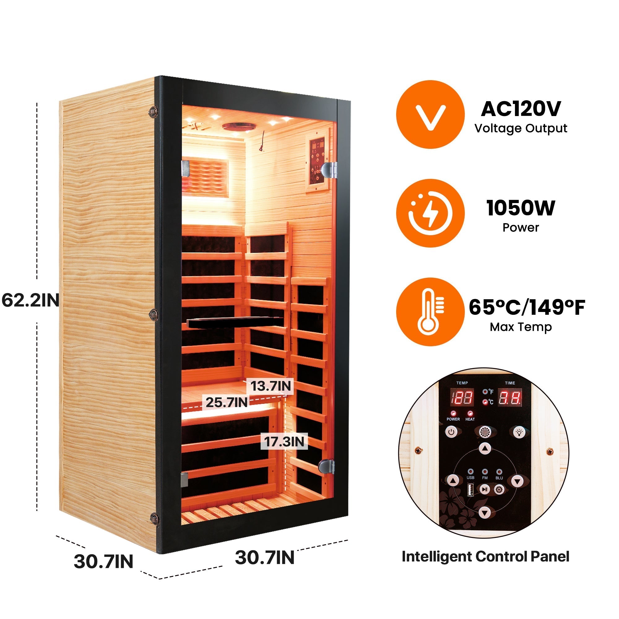Compact 1-Person Far Infrared Sauna Cabin – Chilean Pine with Starry Sky Lighting