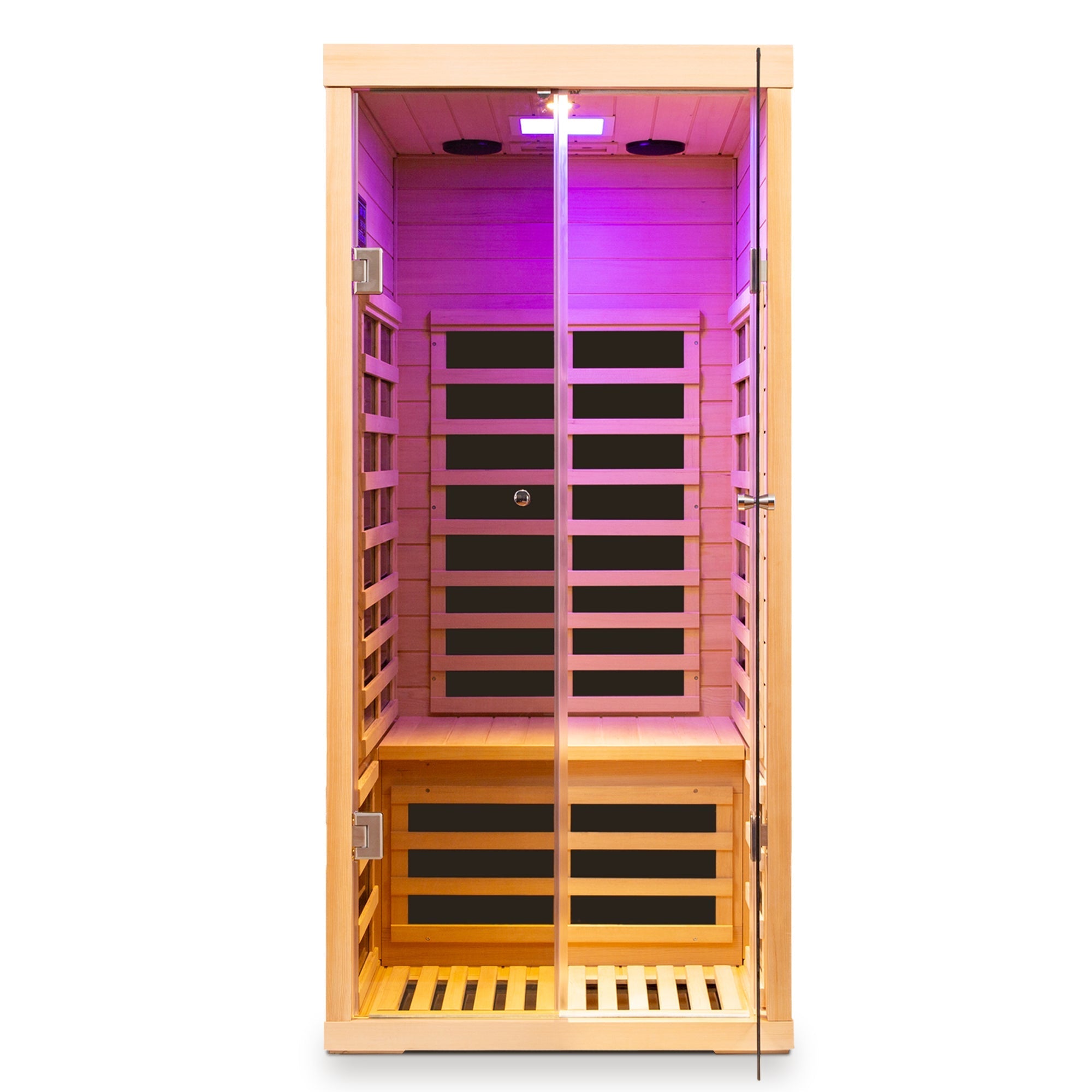 Luxury 1-Person Low EMF Far Infrared Sauna – Hemlock Wood with Glass Double Doors