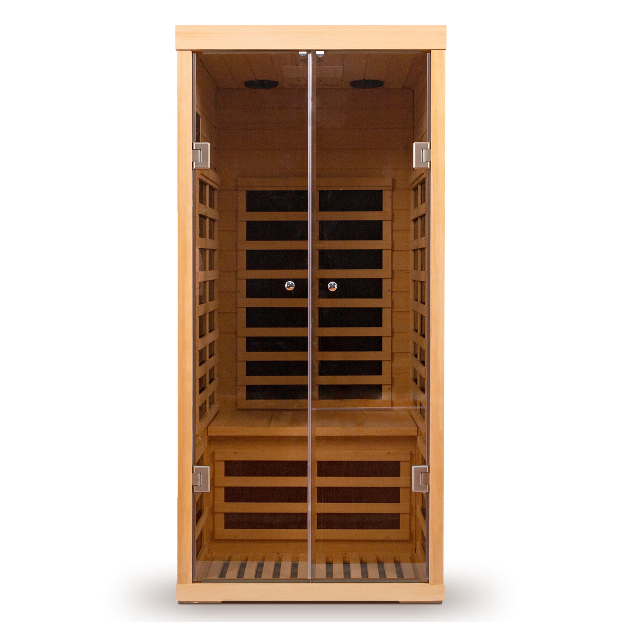 Luxury 1-Person Low EMF Far Infrared Sauna – Hemlock Wood with Glass Double Doors