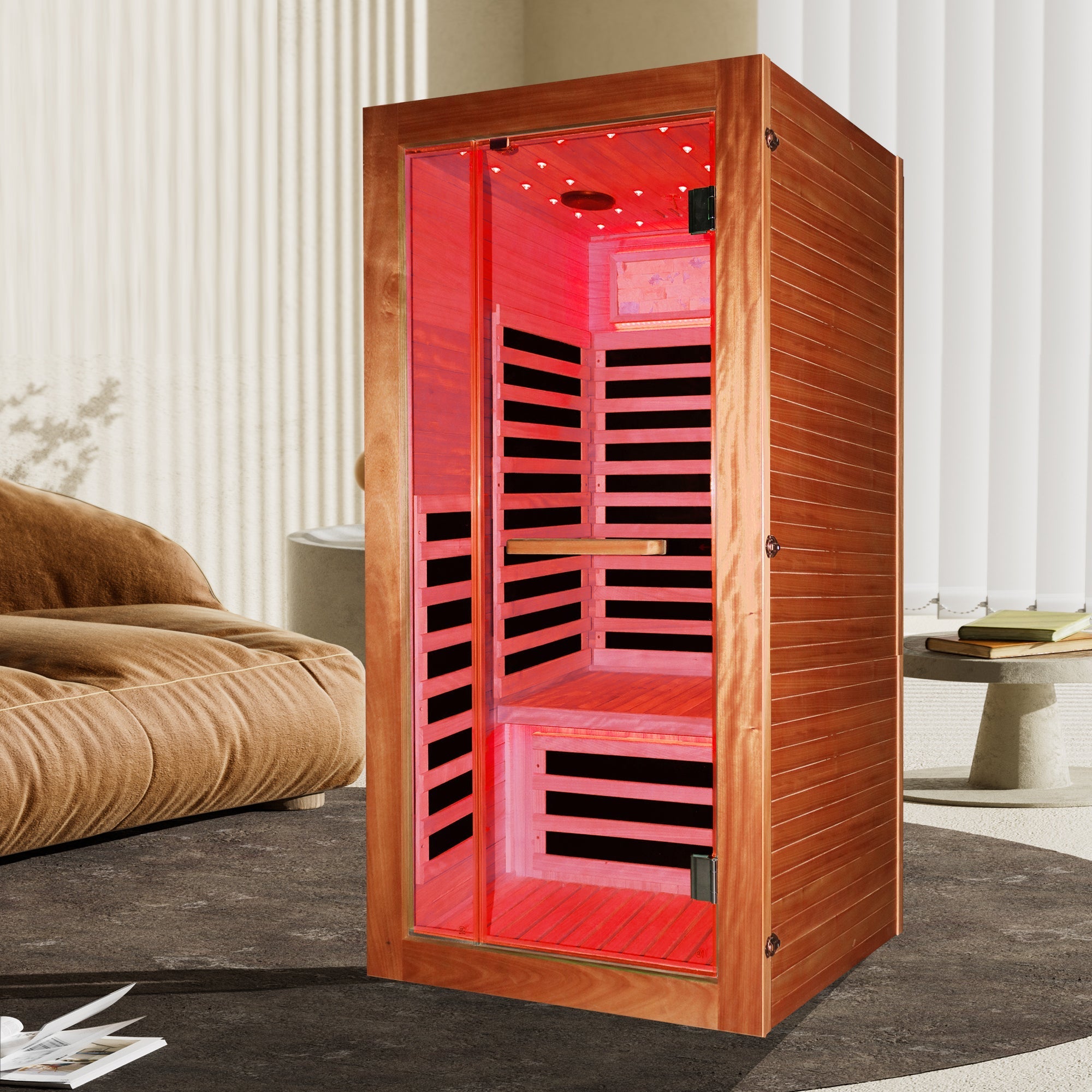1-Person Far Infrared Sauna – American White Oak Finish with Starry Sky Lighting