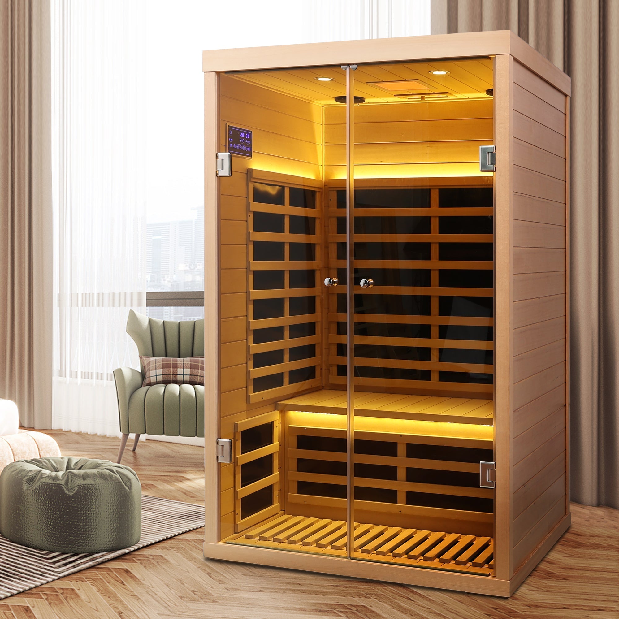 Luxury 2-Person Low EMF Far Infrared Sauna – Hemlock Wood with Double Glass Doors