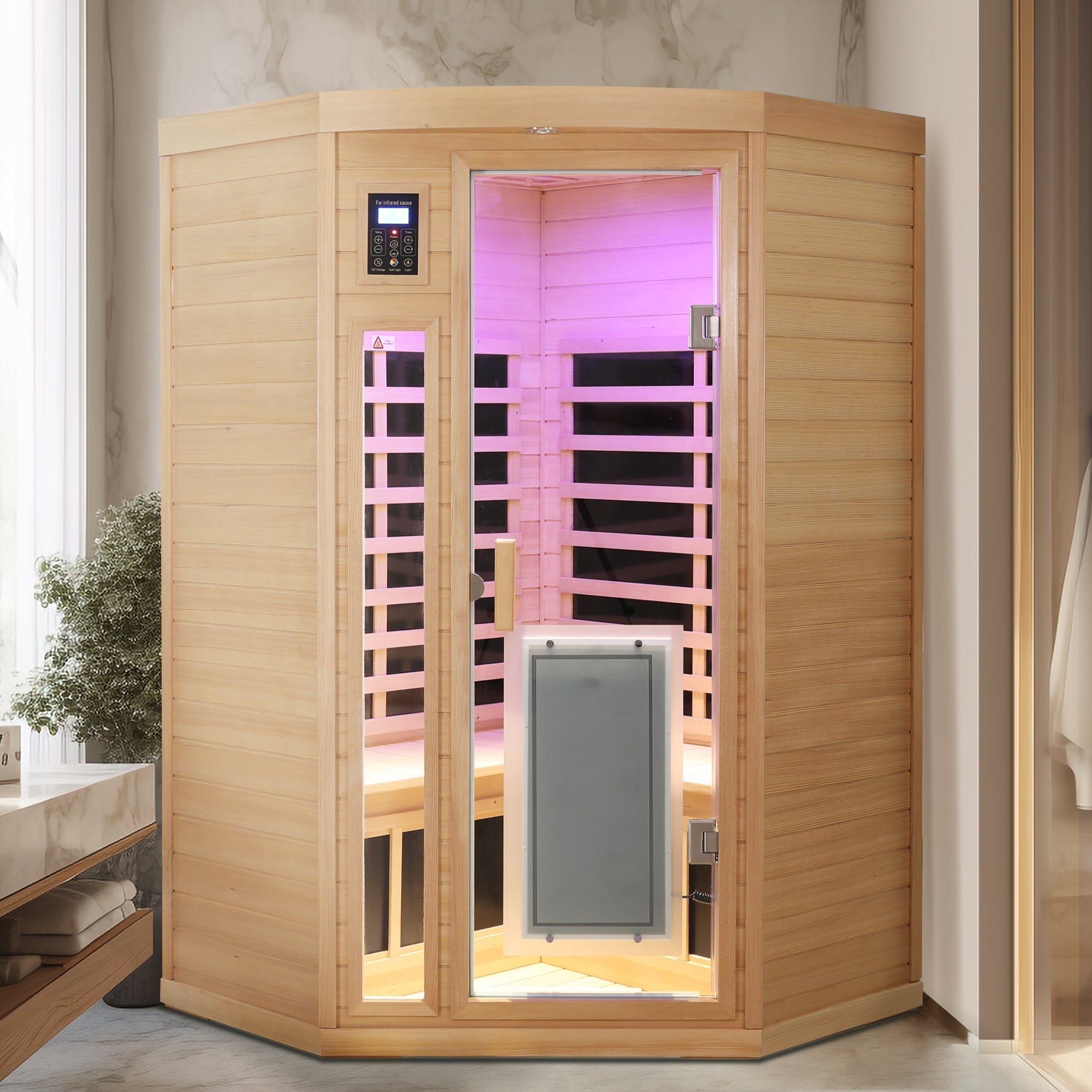 2-Person Low EMF Corner Far Infrared Sauna – Hemlock Wood with Bluetooth Audio