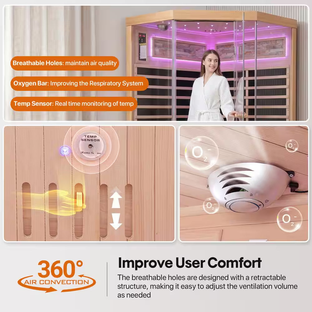 Moray 2-Person Indoor Pentagonal Infrared Sauna in Hemlock with 7 Far-Infrared Carbon Crystal Heaters and Glass Door